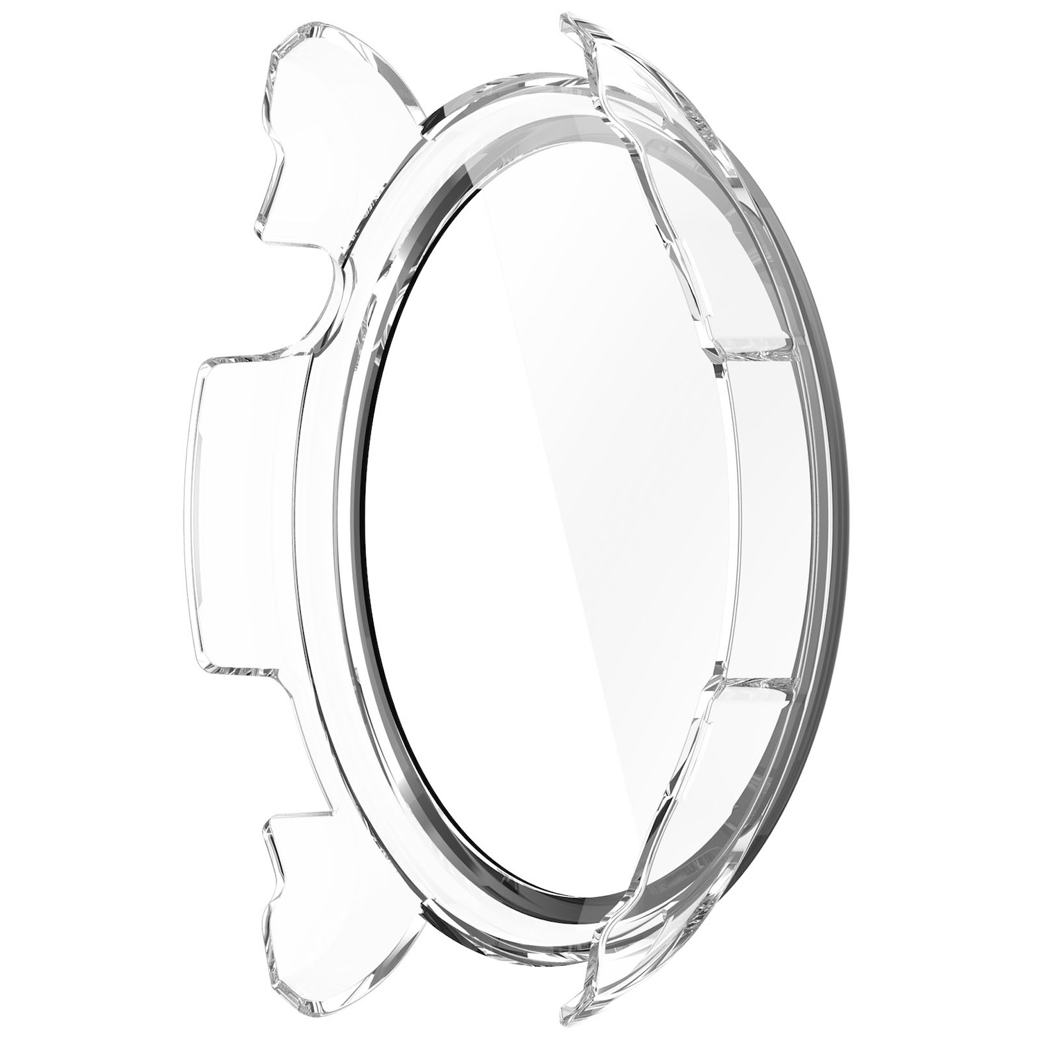 Eine klare, transparente Schutzhülle für eine runde Uhr, die das Design der Hülle zeigt.