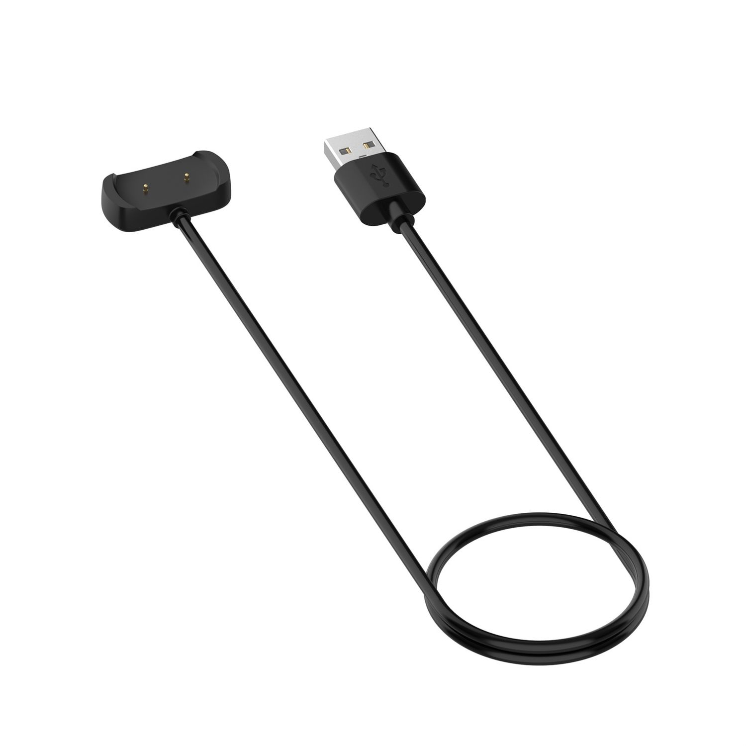 Schwarzes Ladekabel für einen Fitnesstracker. Hat ein USB-Ende und eine Ladestation.
