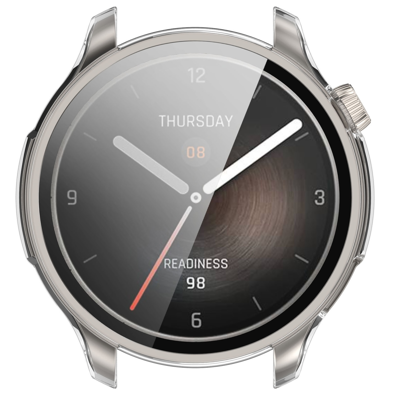 Smartwatch-Zifferblatt mit Donnerstag, Zeit und Bereitschaftsprozentsatz. Silberne Lünette.