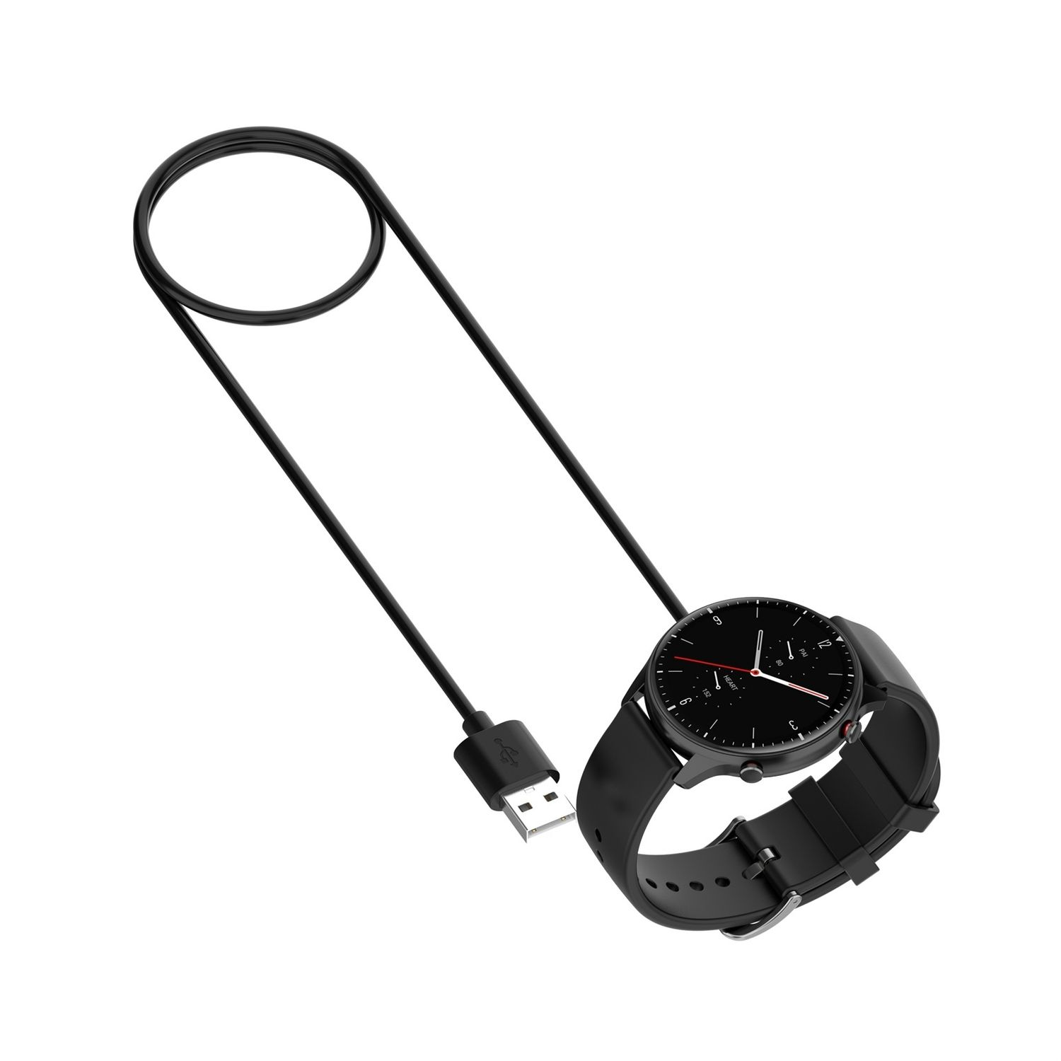Schwarze Smartwatch mit schwarzem Armband und Ladekabel mit USB-Anschluss.