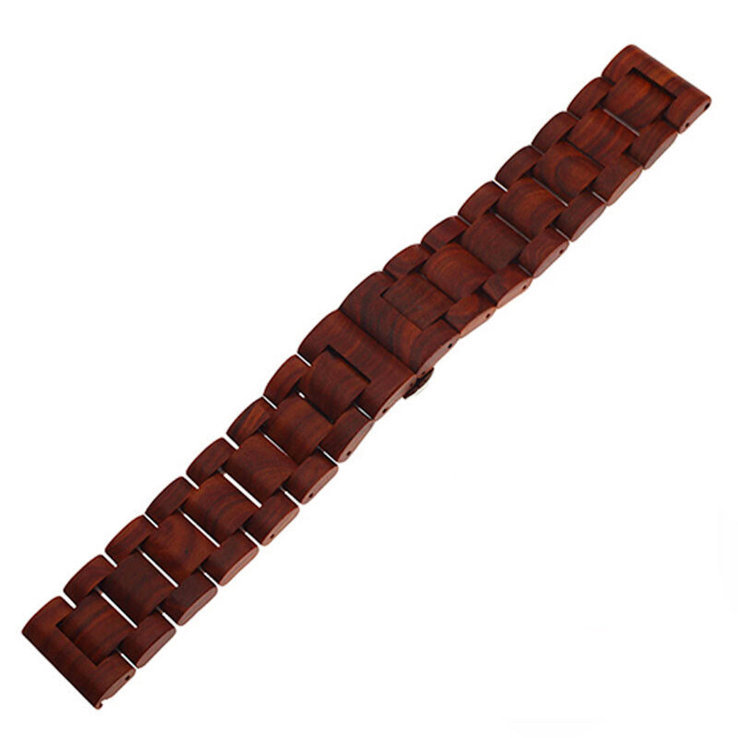 Ein Uhrenarmband aus Holz mit dunkelbraunen, rechteckigen Gliedern.