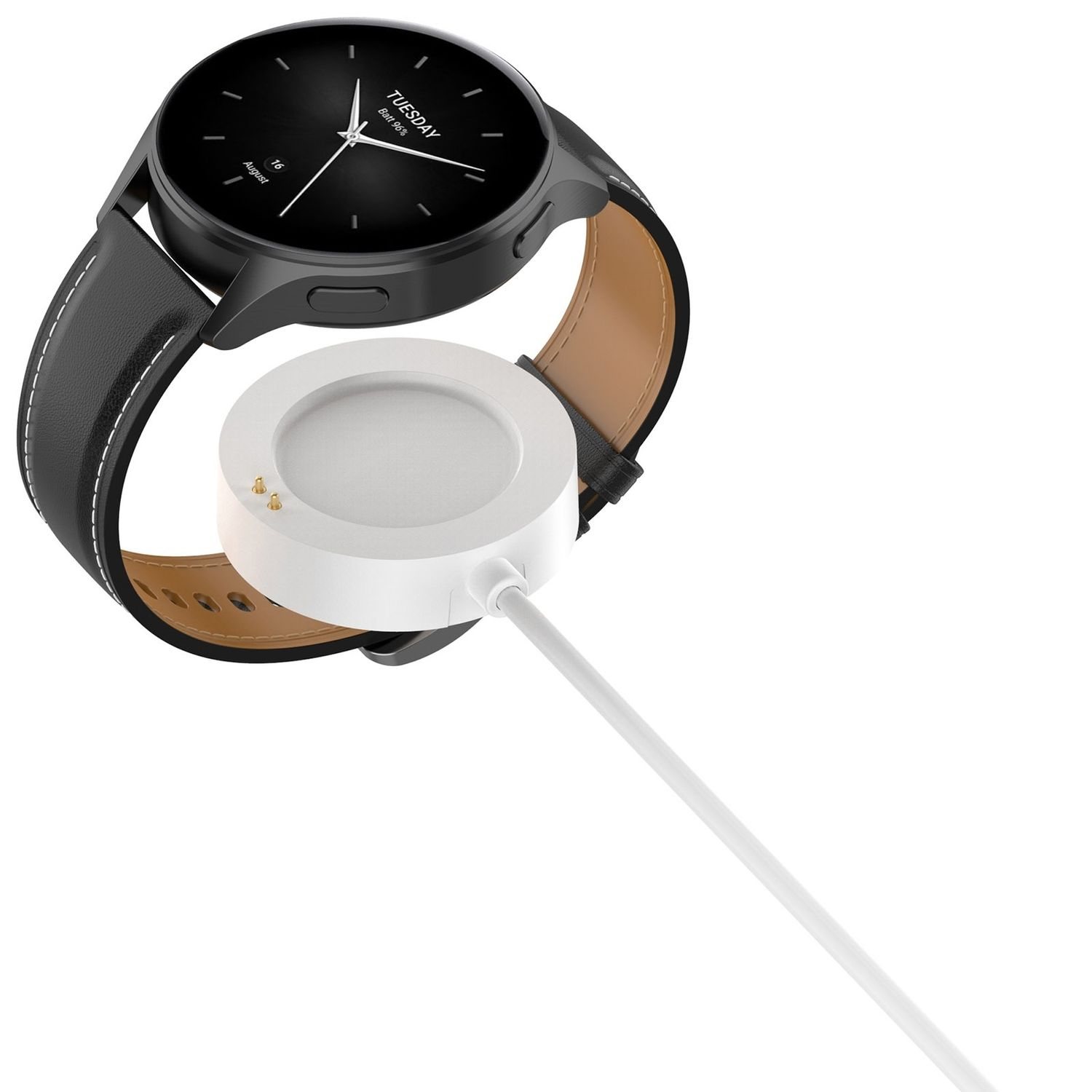 Schwarze Smartwatch auf weißer Ladestation. Schwarzes Lederarmband und Ladekabel.