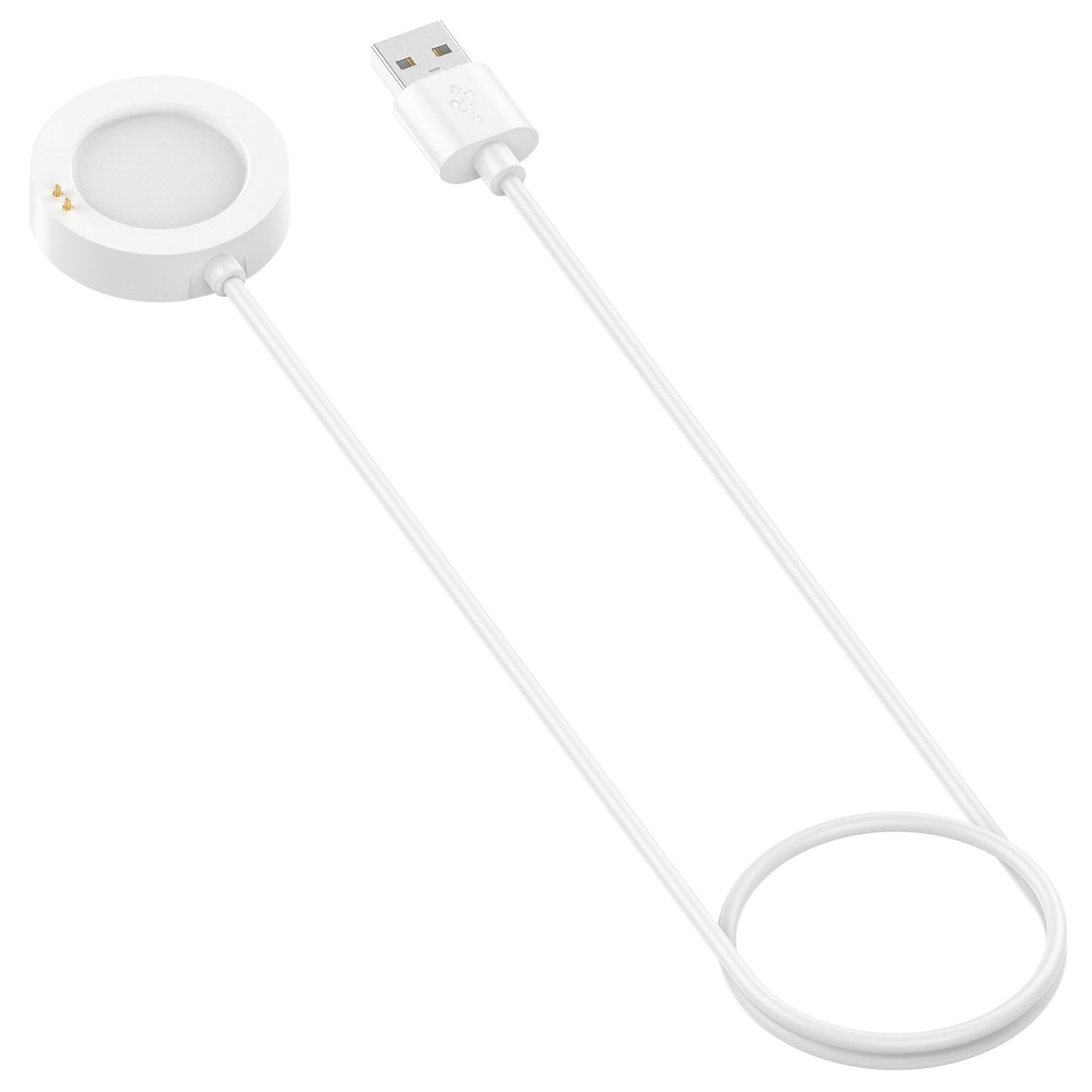 Weißes Smartwatch-Ladegerät mit USB-Kabel.