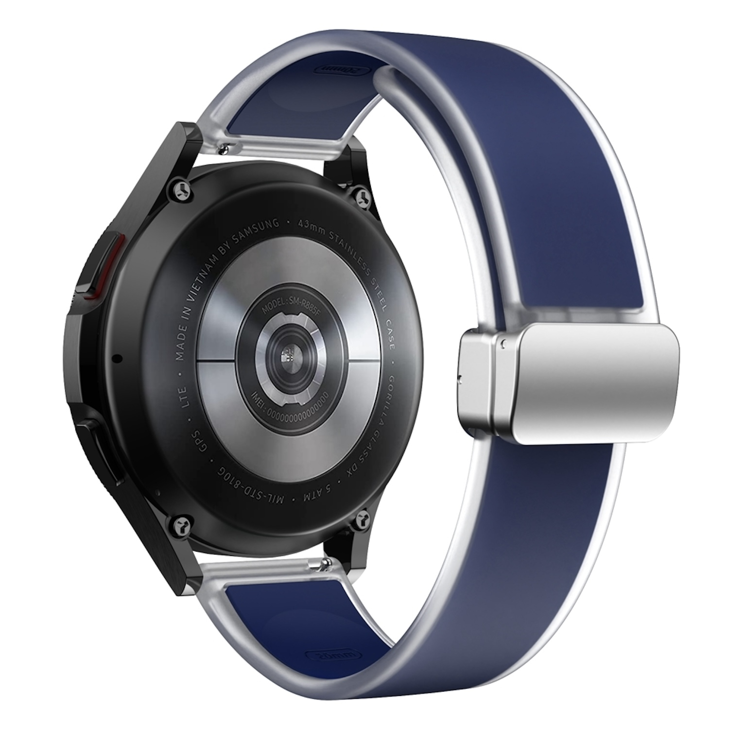 Schwarze Smartwatch mit blauem und silbernem Armband. Die Rückseite der Uhr ist sichtbar.