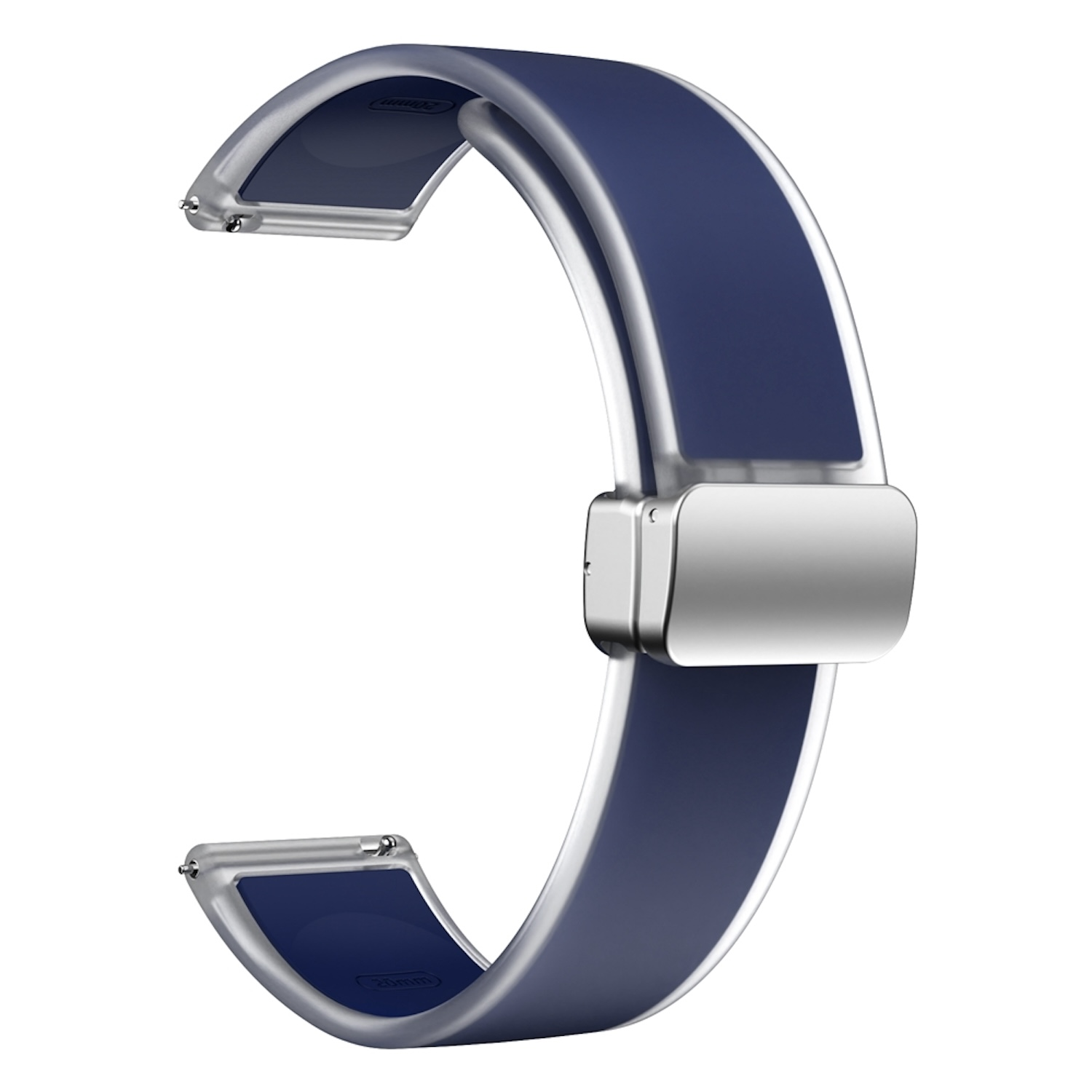 Blaues und silbernes Uhrenarmband. Das Band ist gebogen mit silbernem Verschluss.