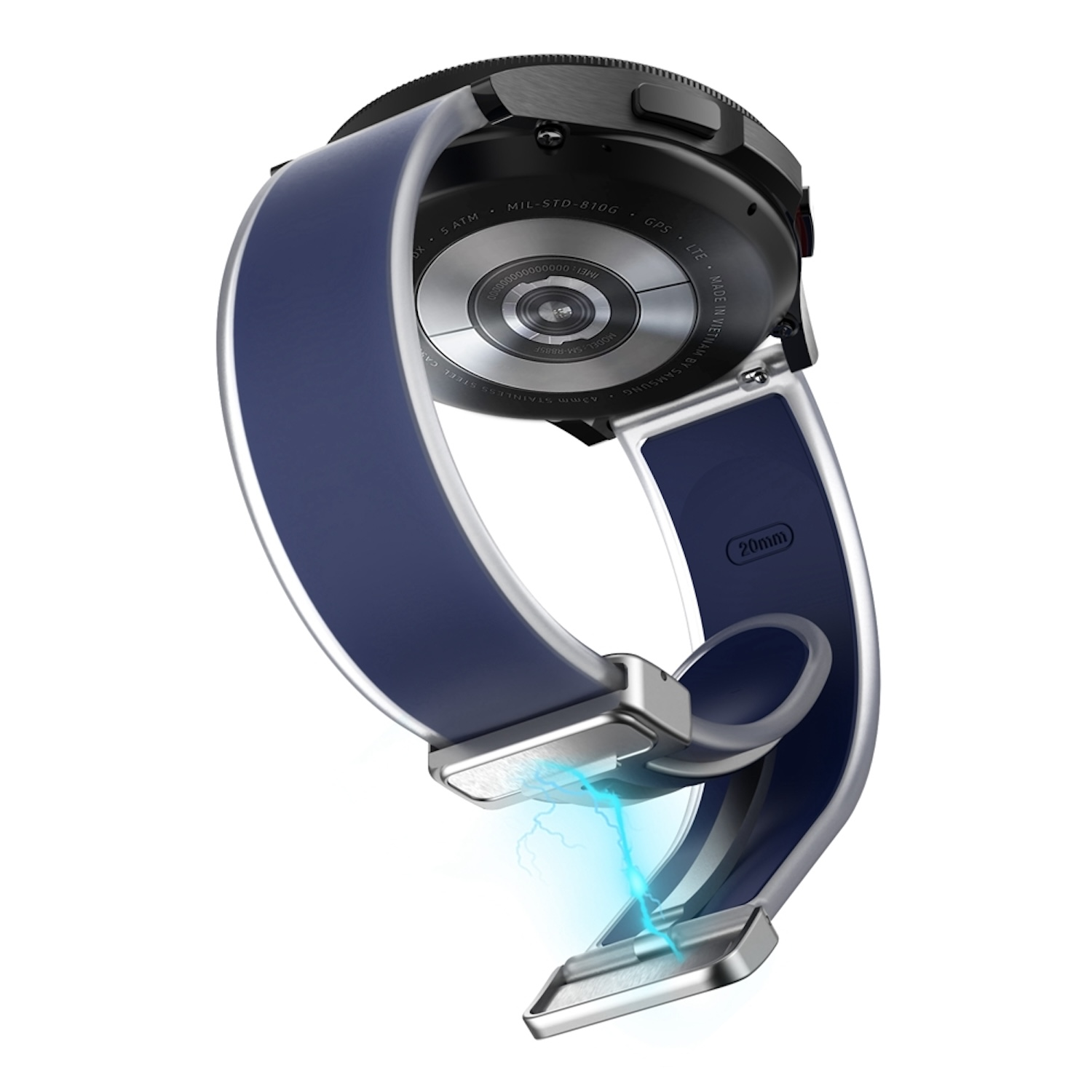 Smartwatch mit blauem Armband. Rückseite zeigt Details. Blitzeffekt am Bandende.