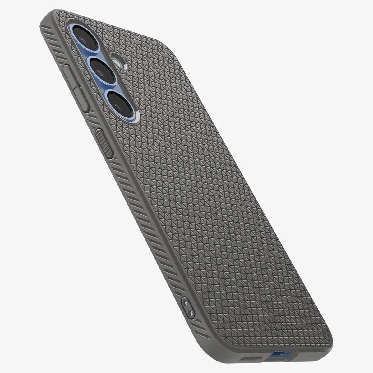 Telefoonhoesje, donkergrijs, met een gestructureerd patroon, schuin, op een witte achtergrond.