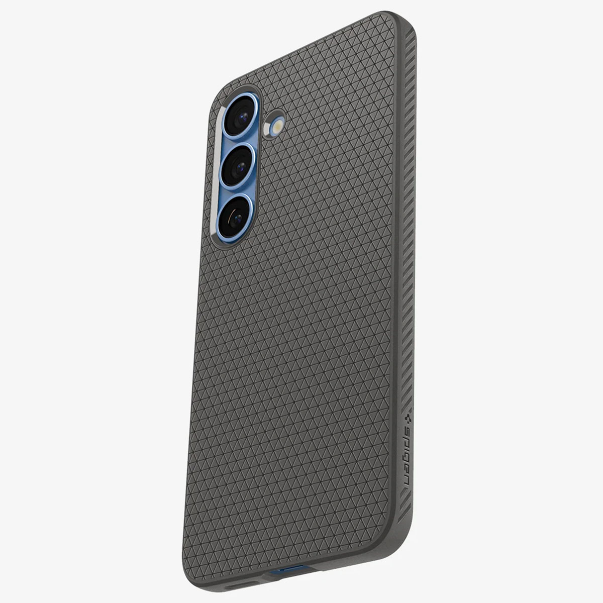 Donkergrijze telefoonhoes met een textuurpatroon op de achterkant, die de zijkant en achterkant van een telefoon bedekt.