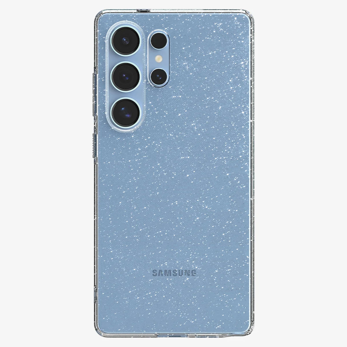 Téléphone Samsung bleu avec plusieurs caméras. L'arrière est couvert de paillettes.