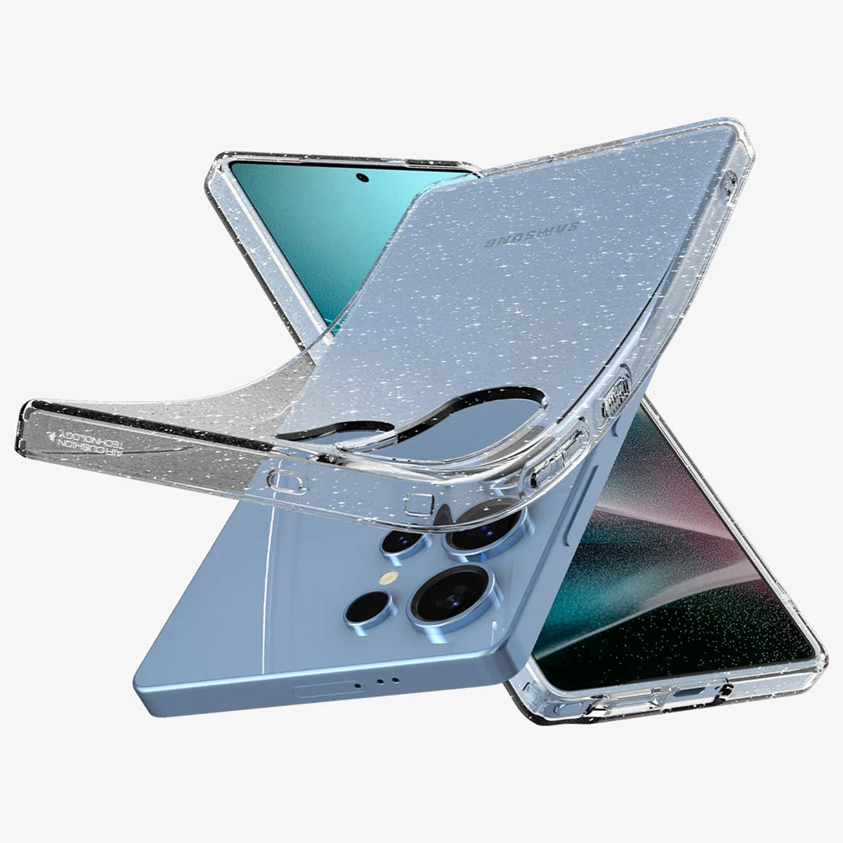 Un téléphone dans un étui transparent, avec un téléphone bleu derrière, sur fond blanc.