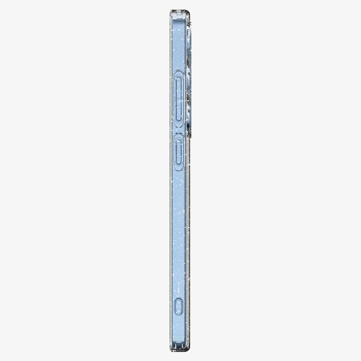 Vue latérale d'une coque de téléphone bleu clair, avec boutons et motif.