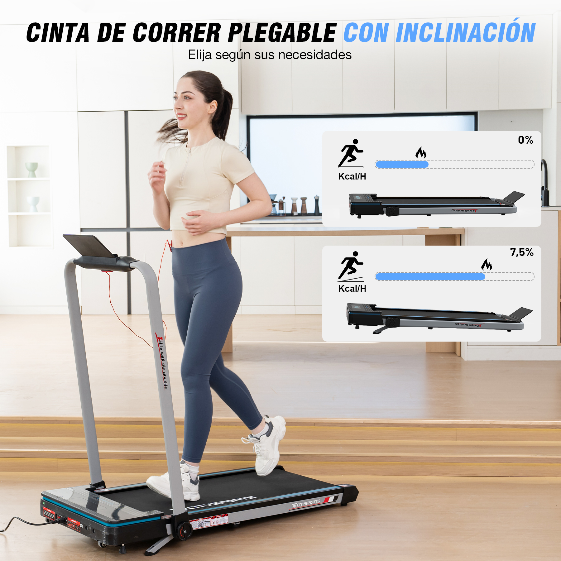 Mujer corriendo en una cinta de correr. Dos diagramas que muestran la inclinación y la salida de energía, uno al 0%, el otro al 7.5%.