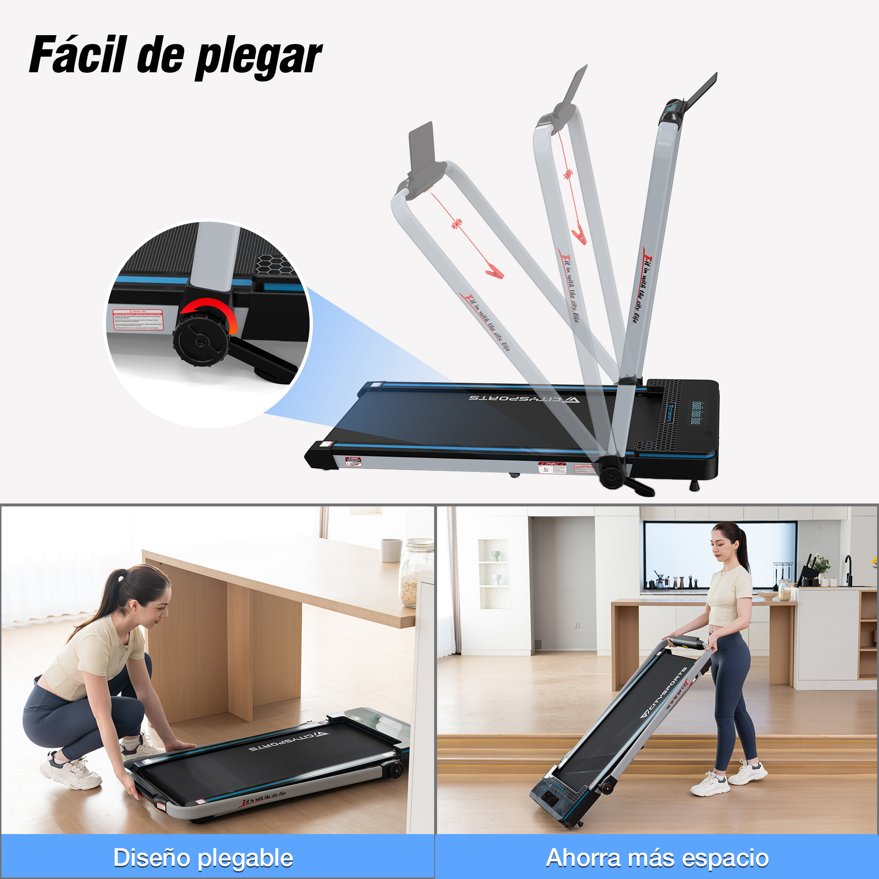 Cinta de correr plegable en varias etapas de plegado. Mujer usándola. Texto: Diseño plegable, ahorra espacio.