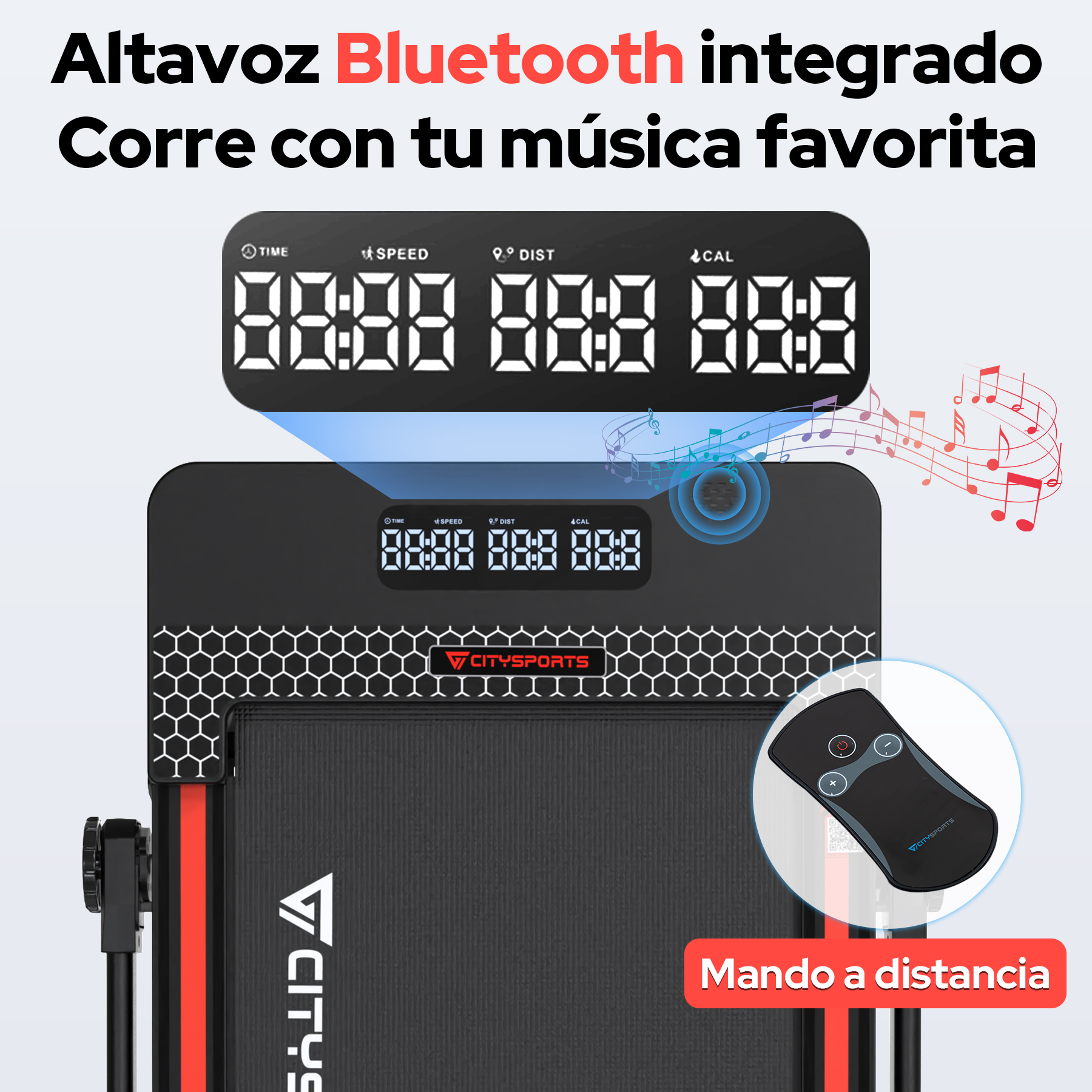Panel de control de cinta de correr que muestra tiempo, velocidad, distancia y calorías.