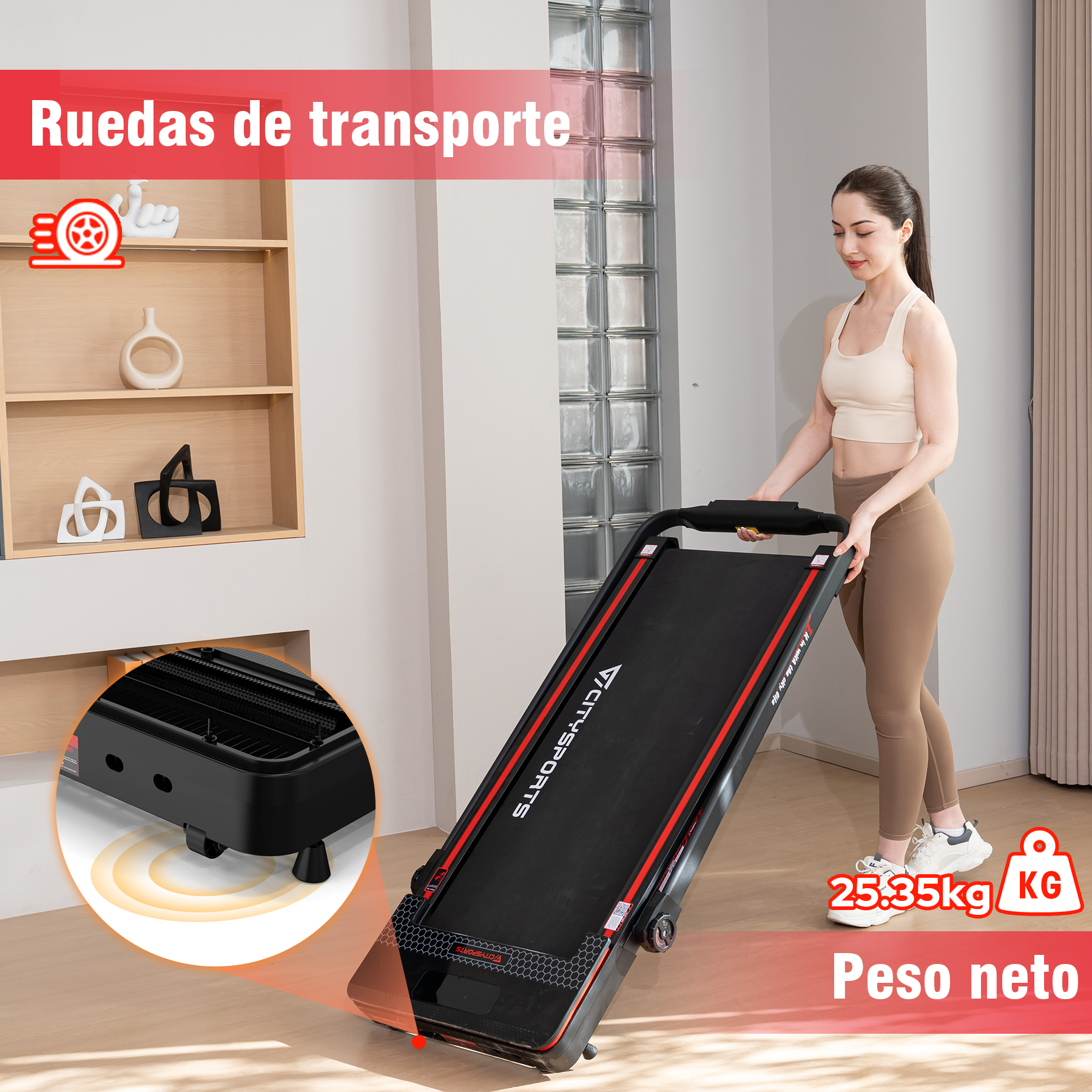 Una mujer mueve una cinta de correr. La máquina es negra y roja, con texto 'VICT-SPORTS'. Texto: 25-35kg.