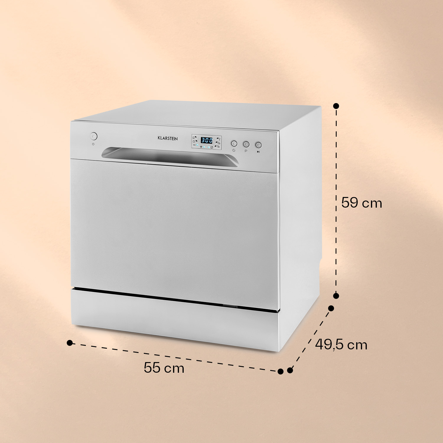 Lavastoviglie bianca. Dimensioni: 55 cm larghezza, 59 cm altezza, 49,5 cm profondità. Sfondo chiaro.
