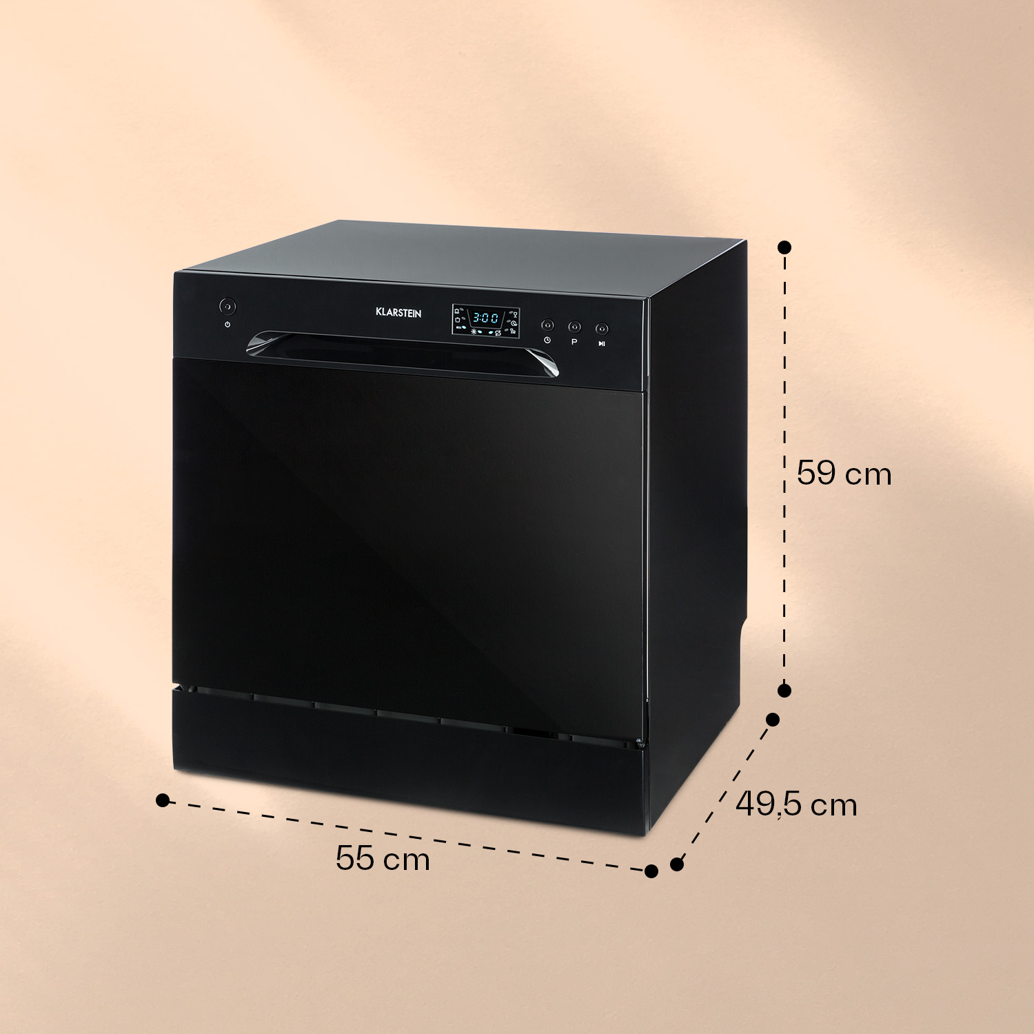 Una lavastoviglie nera con dimensioni: 55 cm di larghezza, 49,5 cm di profondità e 59 cm di altezza.