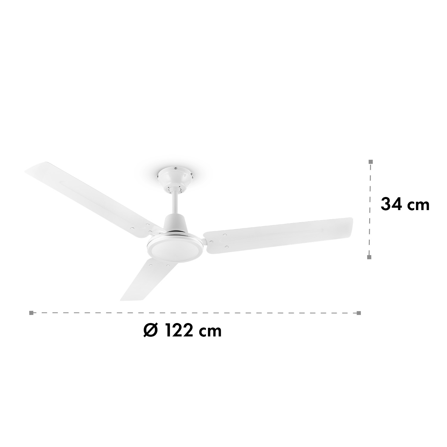 Un ventilador de techo blanco con tres aspas y medidas en cm.