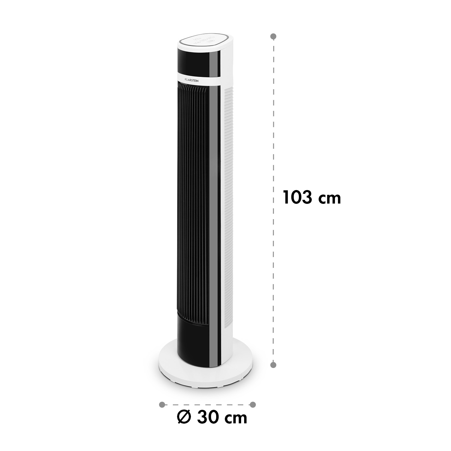 Weiß-schwarzer Turmventilator mit den Maßen 103 cm hoch, 30 cm Durchmesser.