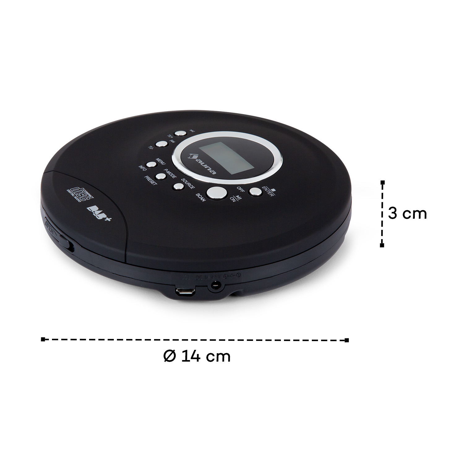 Schwarzer, runder CD-Player mit Knöpfen und Bildschirm. Abmessungen: 14 cm Durchmesser und 3 cm Höhe.