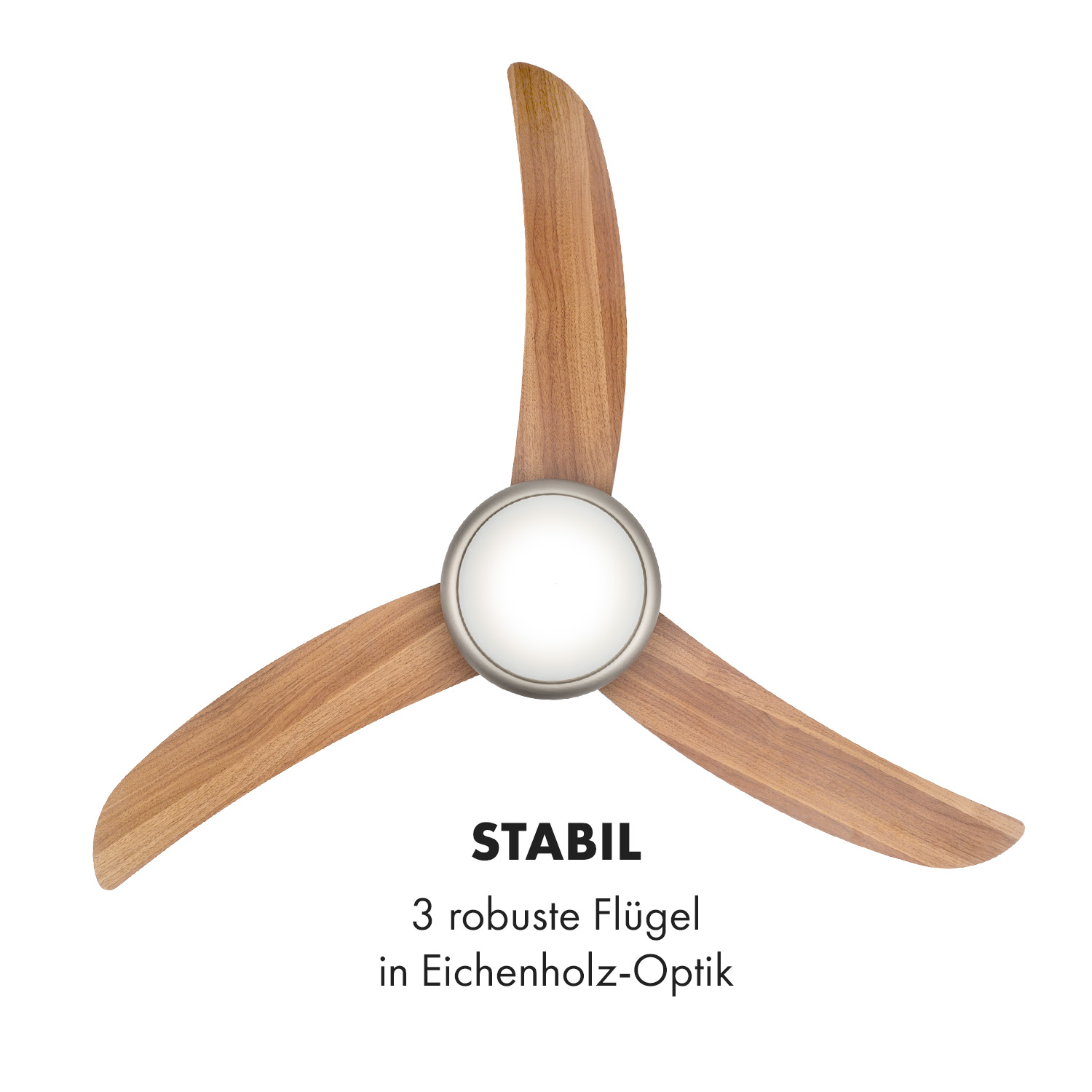 Un ventilador de techo con tres aspas de madera, una carcasa del motor plateada y la palabra STABIL debajo.