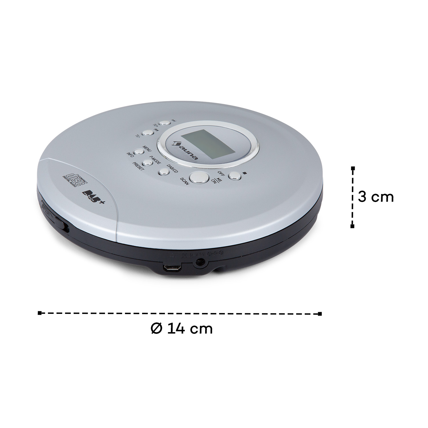 Silber-schwarzer tragbarer CD-Player, rund, mit den Maßen: 14 cm Durchmesser, 3 cm Höhe.