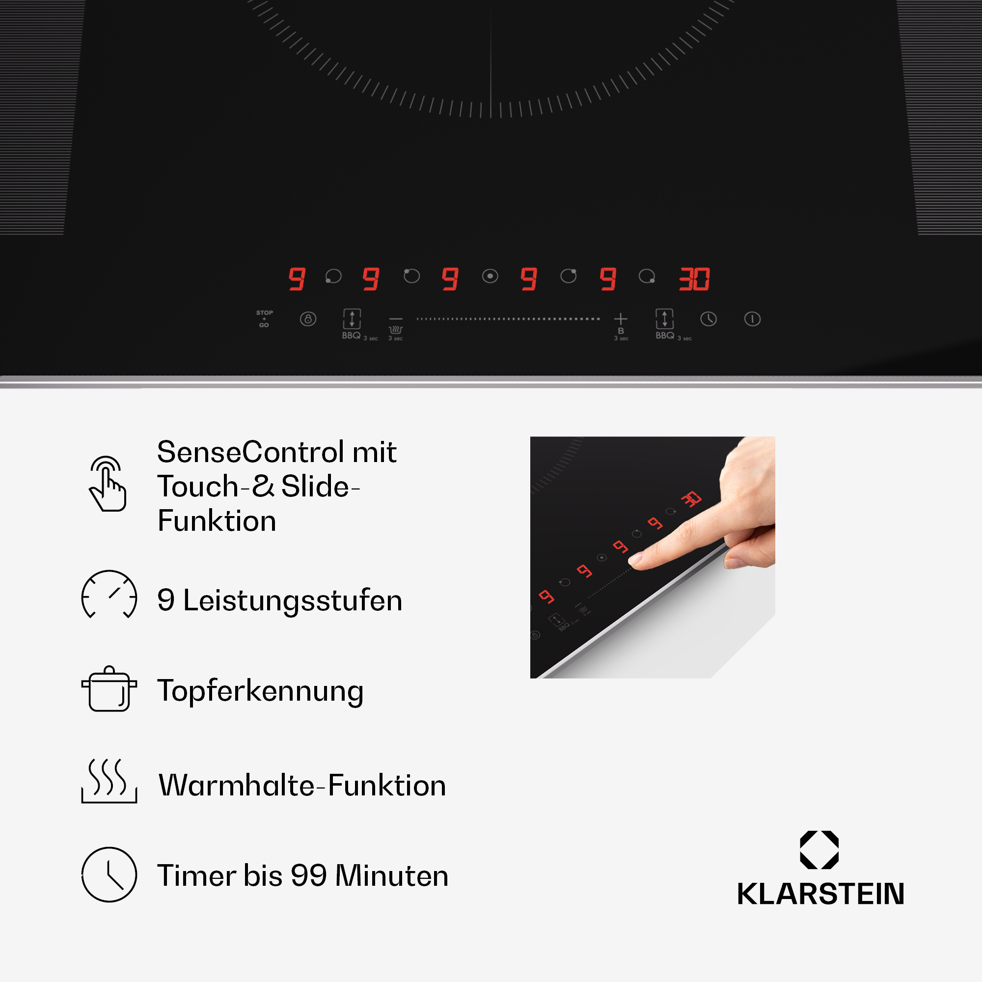 Schwarzes Induktionskochfeld mit roten Zahlen und Touch-Steuerung.