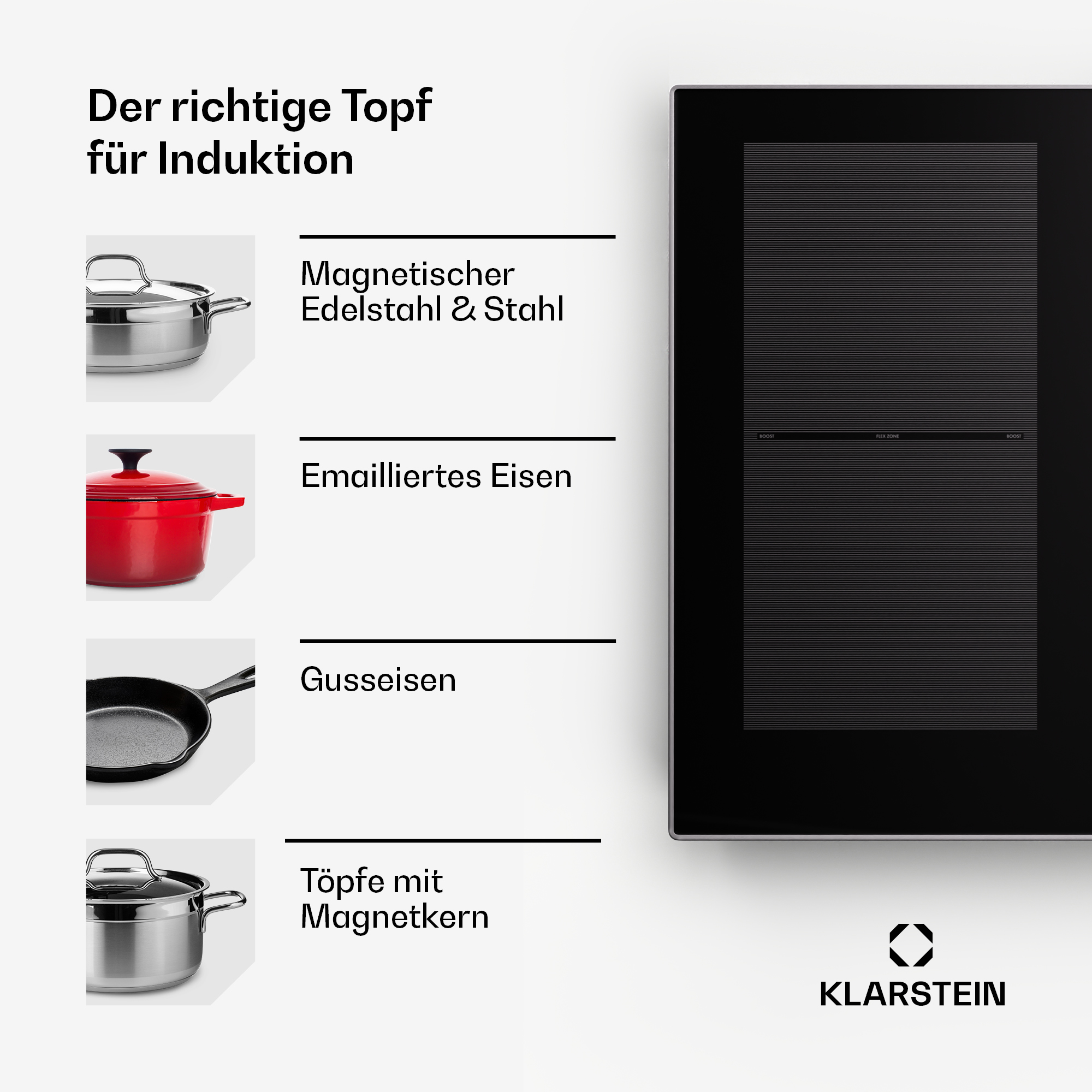 Induktionskochfeld mit Text und Bildern von Töpfen. Kochfeld ist schwarz mit silbernem Rahmen.