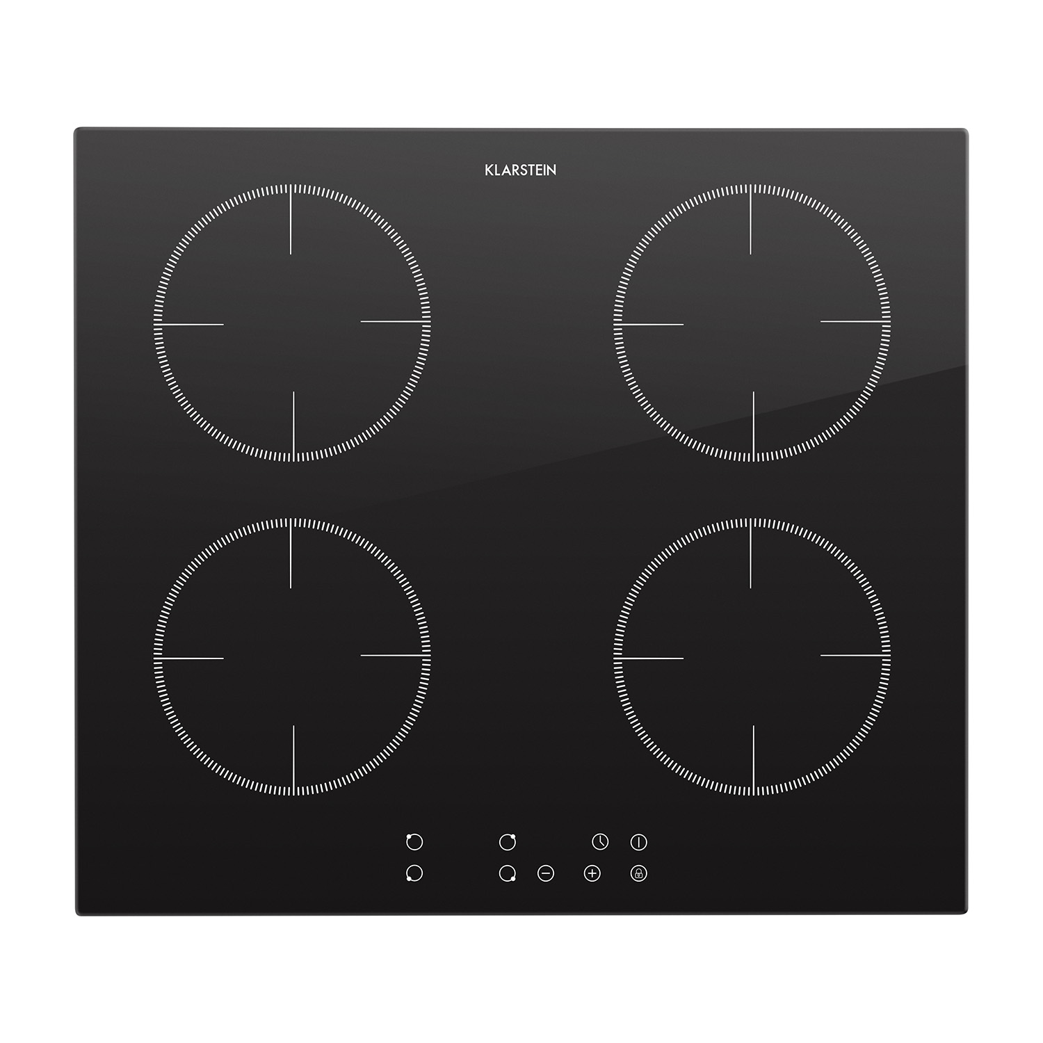 Piano cottura a induzione in vetro nero con quattro zone cottura e comandi touch in basso.