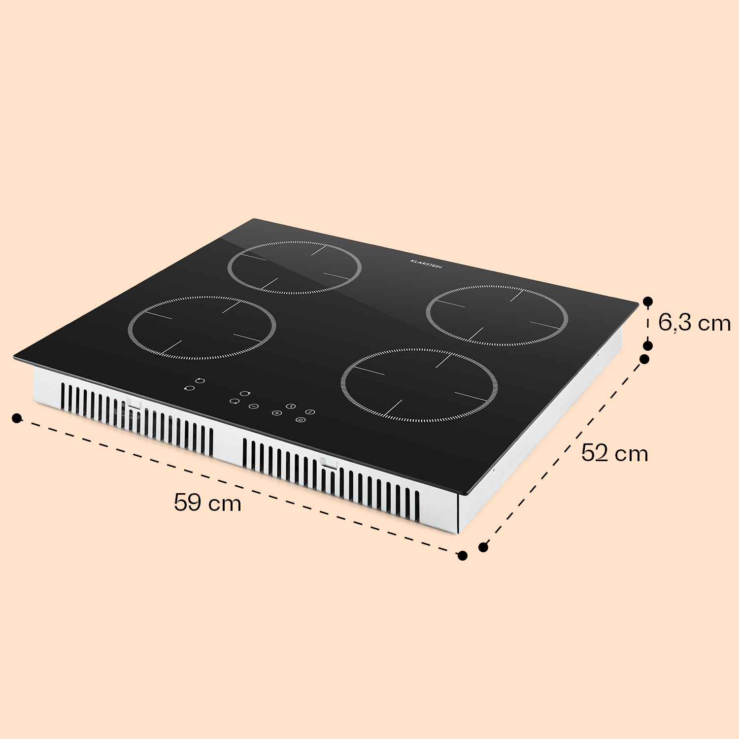 Un piano cottura a induzione nero con quattro zone di cottura e dimensioni contrassegnate con linee.