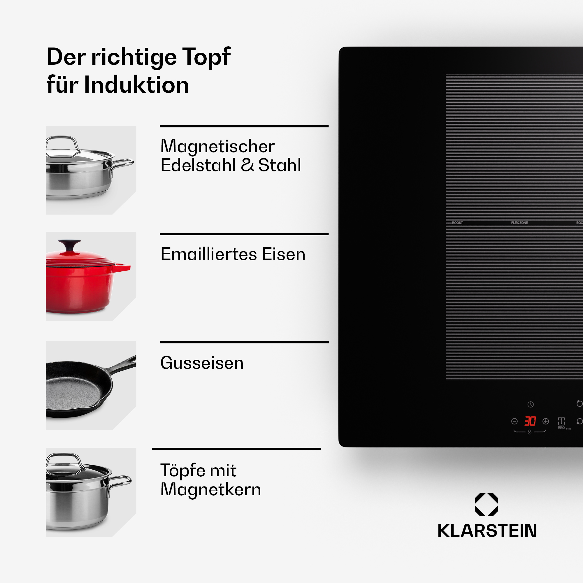 Induktionskochfeld mit Töpfen. Töpfe sind Edelstahl, emailliertes Eisen, Gusseisen und Magnetkern.