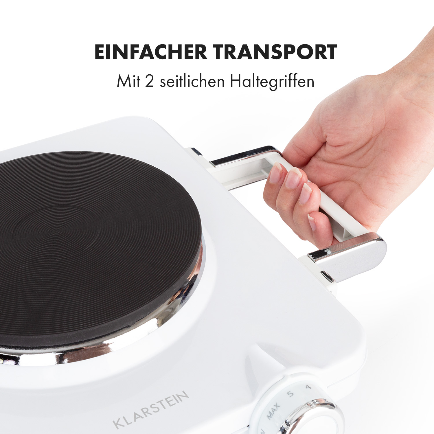 Una mano che tiene un piano cottura portatile bianco per la sua maniglia. Il testo dice 'Einfacher Transport'.