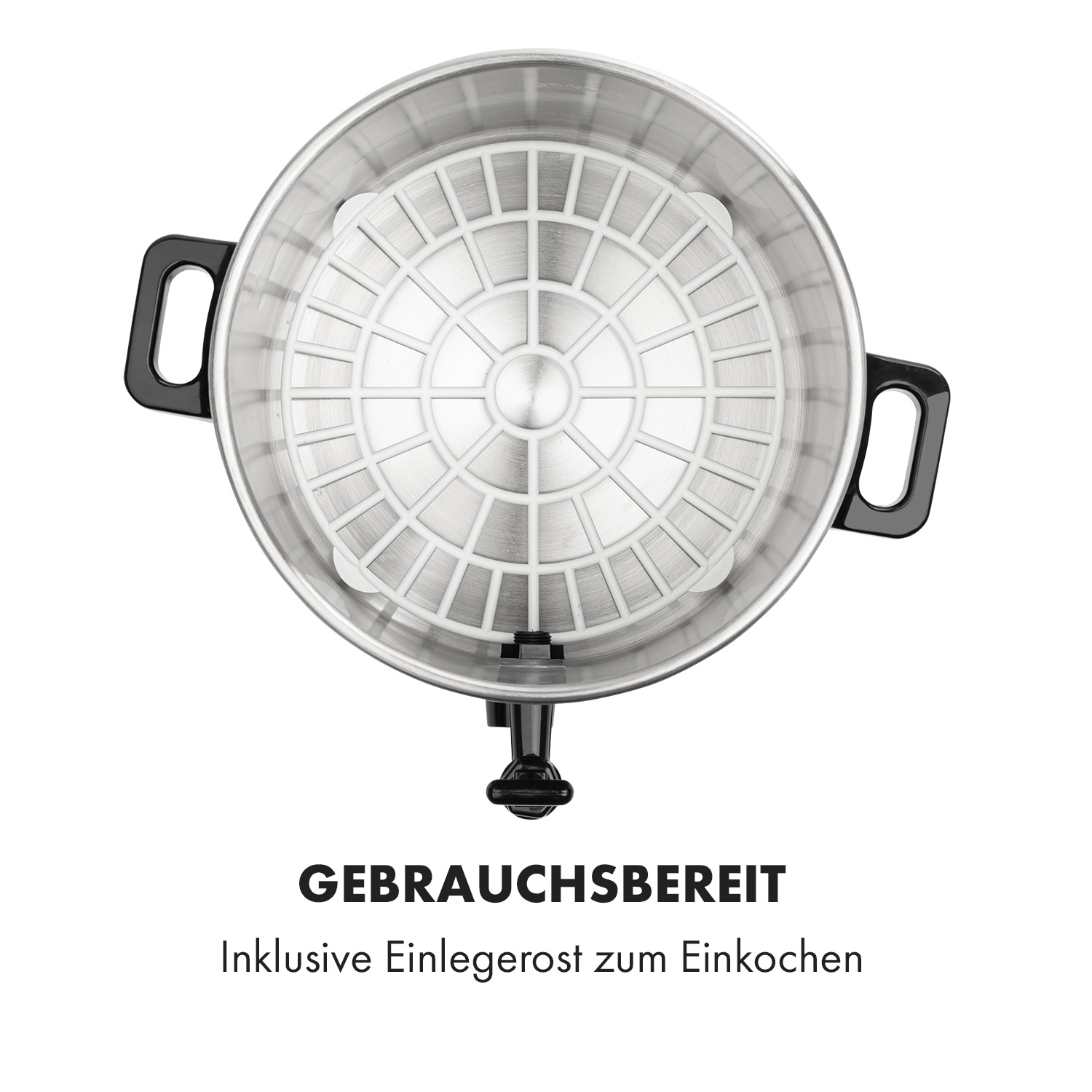Edelstahltopf mit weißem Sieb innen und schwarzen Griffen.