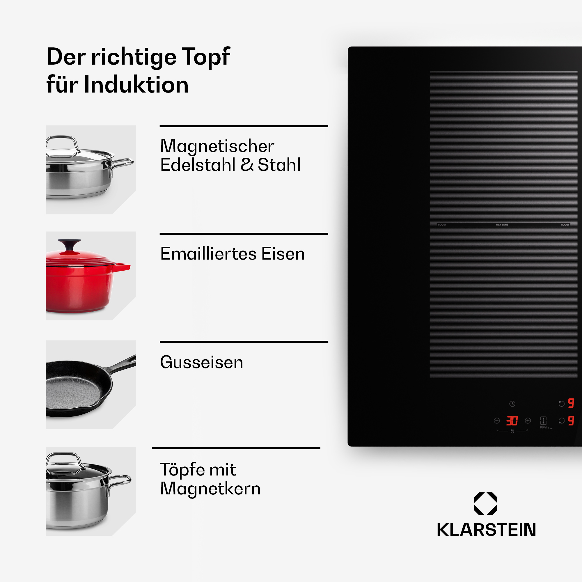 Ein Induktionskochfeld neben Töpfen, mit Textetiketten zur Topfkompatibilität.
