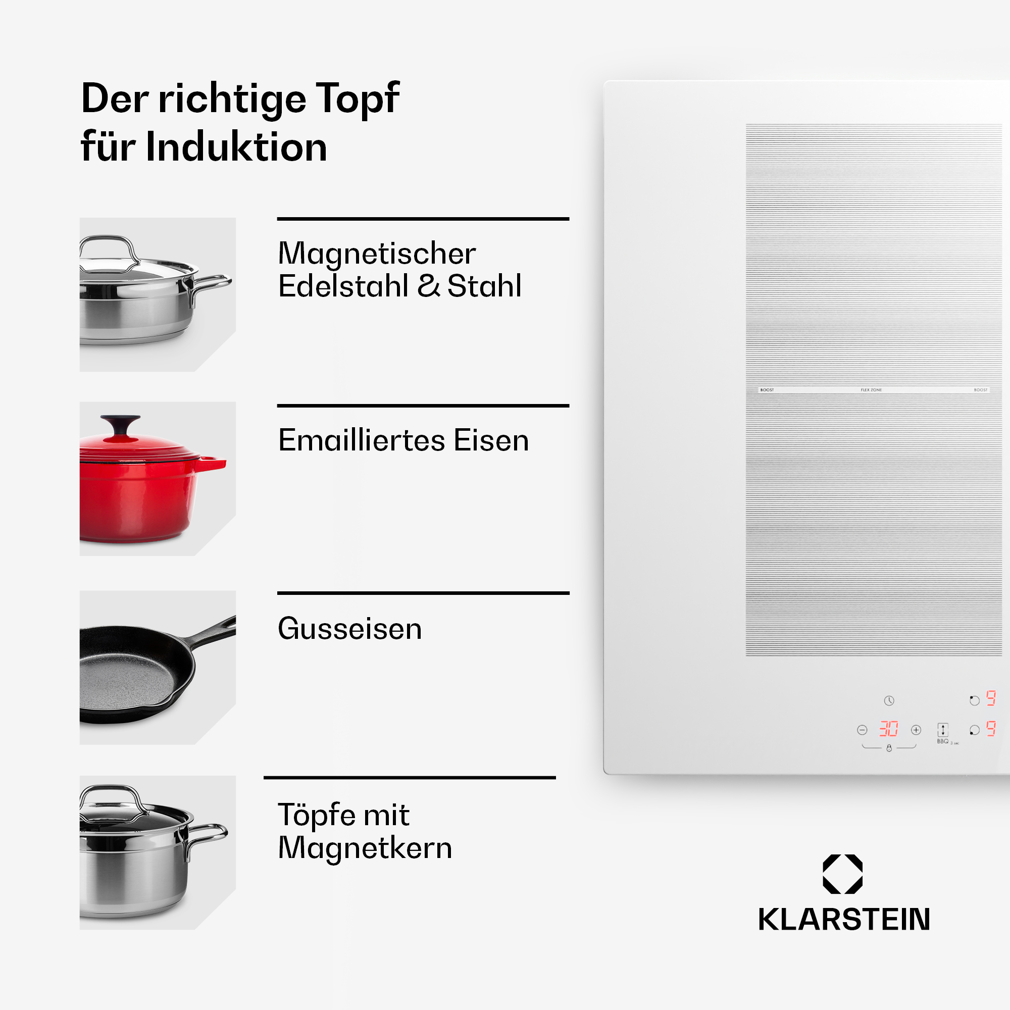 Weißes Induktionskochfeld mit drei Töpfen, einer Pfanne und einem roten Topf. Texte: Magnetischer Edelstahl & Stahl