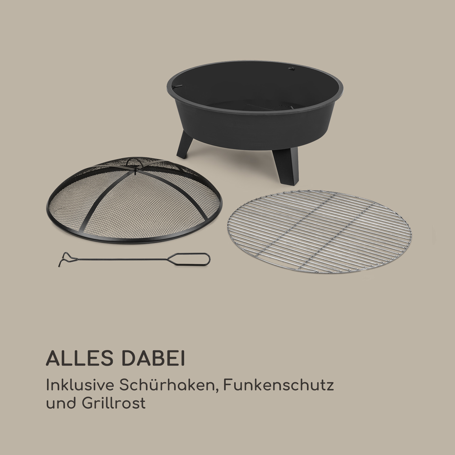 Schwarzes Feuerstellen-Set mit Zubehör auf neutralem Hintergrund, Text: ALLES DABEI.