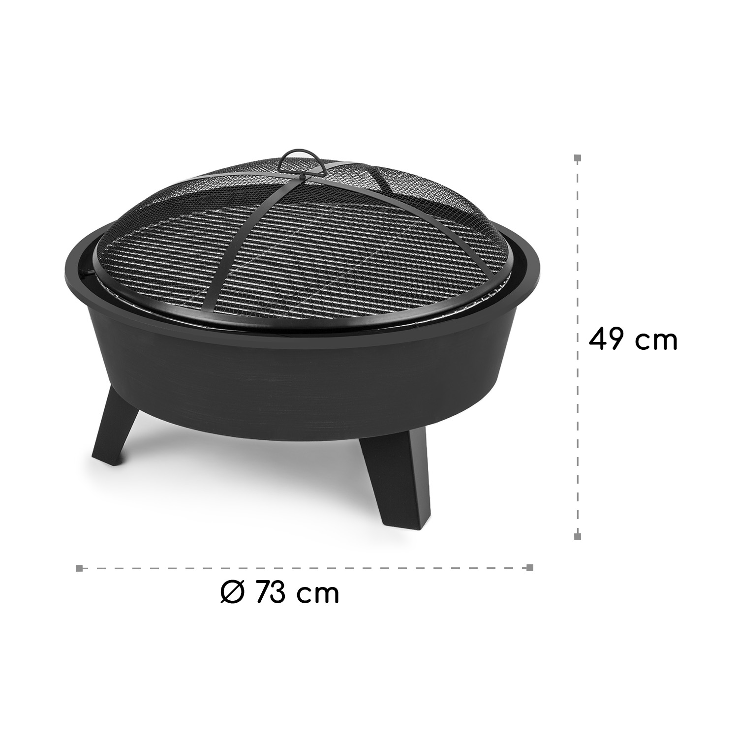 Schwarze Feuerstelle mit Metallgitterabdeckung und angezeigten Abmessungen. Durchmesser 73 cm, Höhe 49 cm.