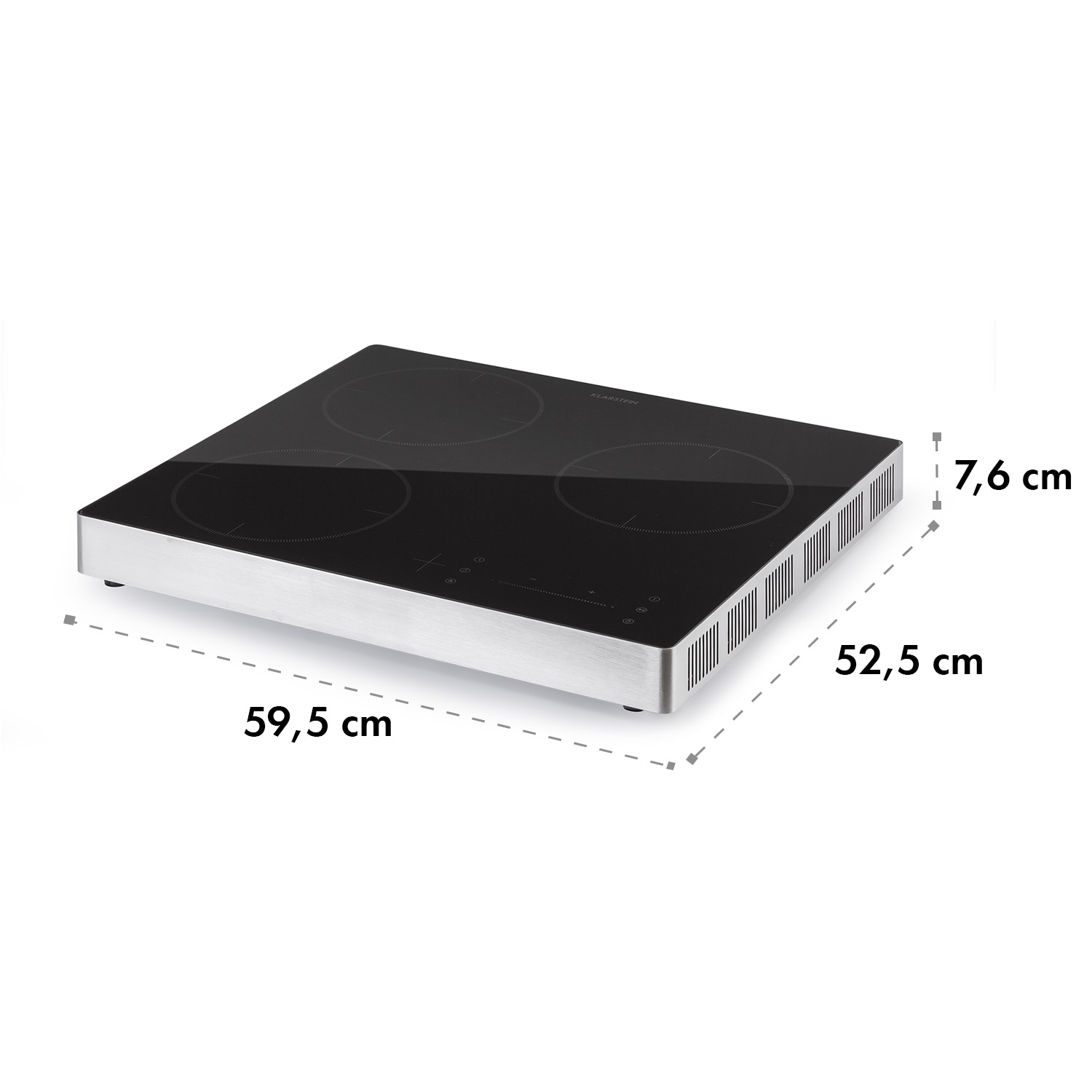 Una placa de inducción negra con cuatro quemadores en un marco plateado, dimensiones mostradas.