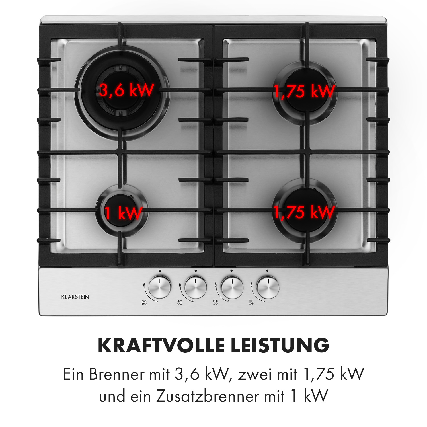 Kochfeld mit vier Brennern, silberne Farbe. Text zeigt die Leistung der Brenner an.