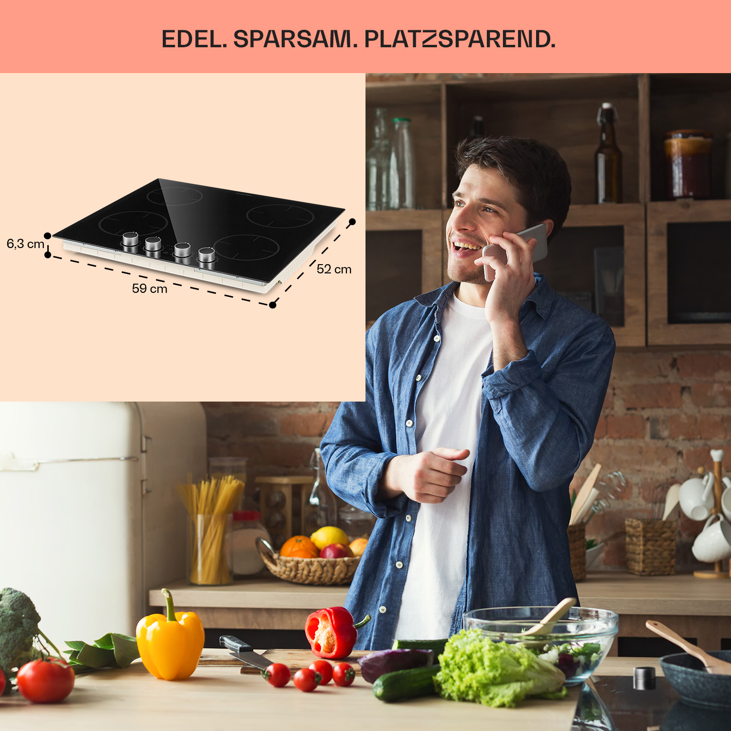 Un hombre hablando por teléfono en una cocina, una estufa negra y verduras frescas en la encimera.