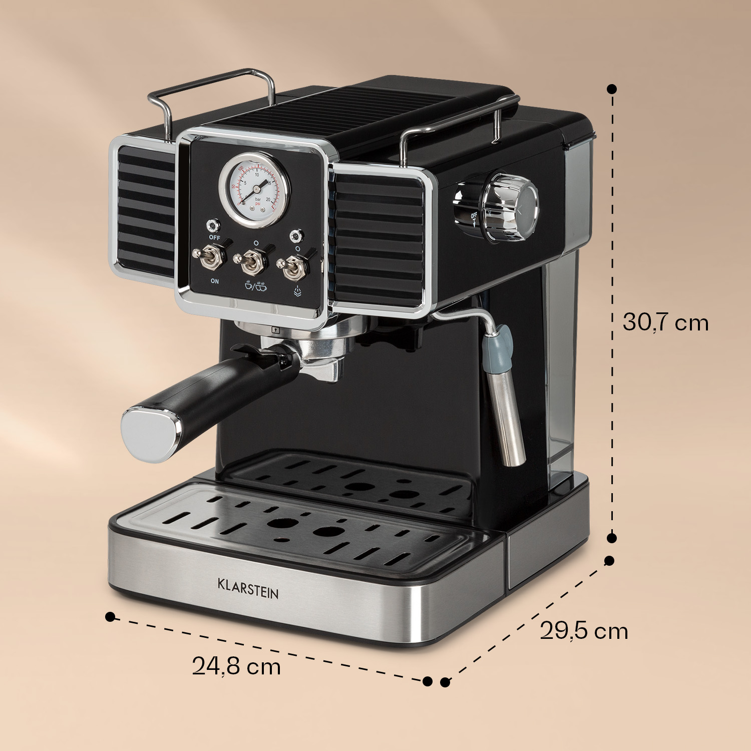 Una macchina per espresso nera con un manometro, pulsanti e una maniglia. Ha dimensioni segnate con linee tratteggiate.