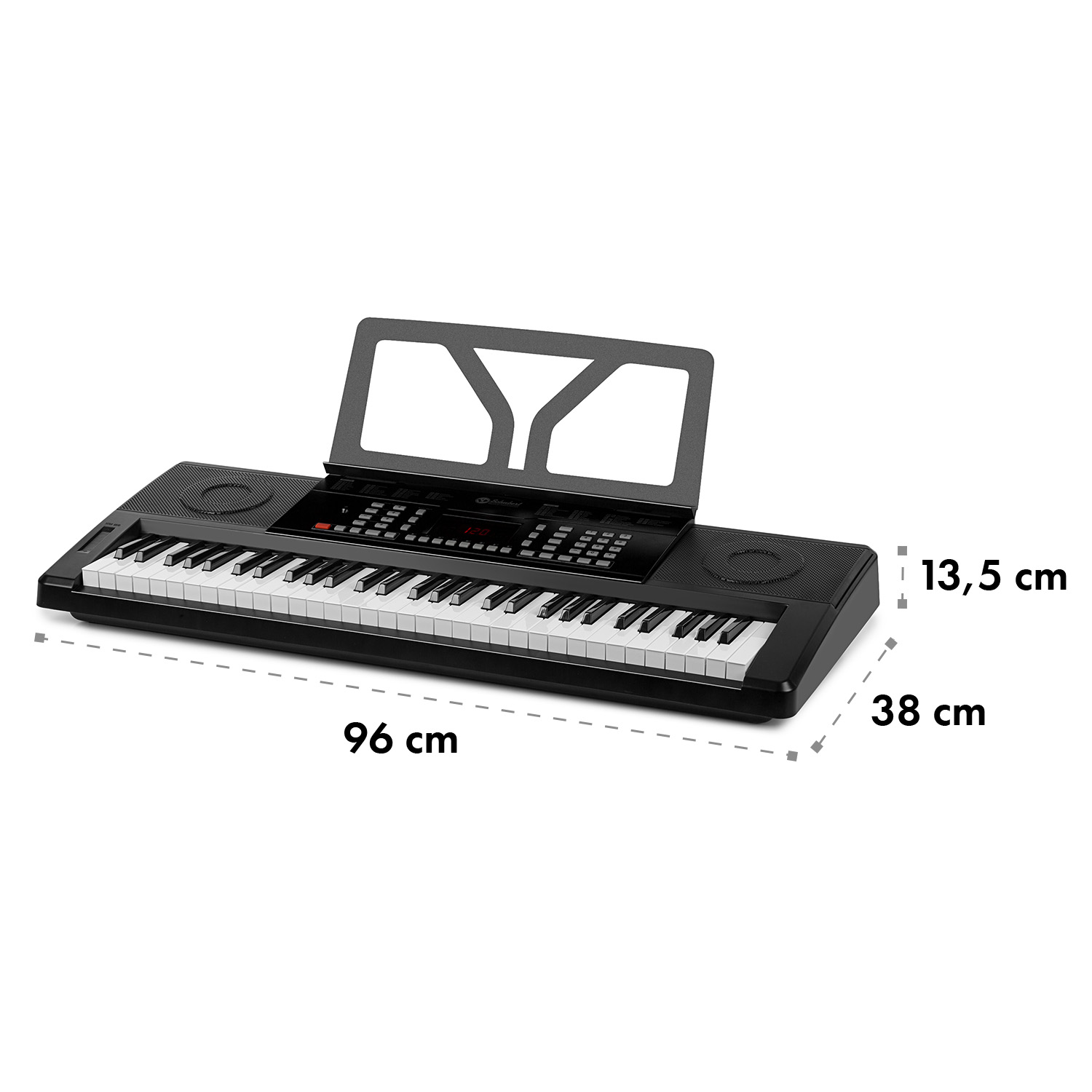 Schwarzes elektronisches Keyboard mit Notenständer. Maße: 96 cm lang, 38 cm breit, 13,5 cm hoch.
