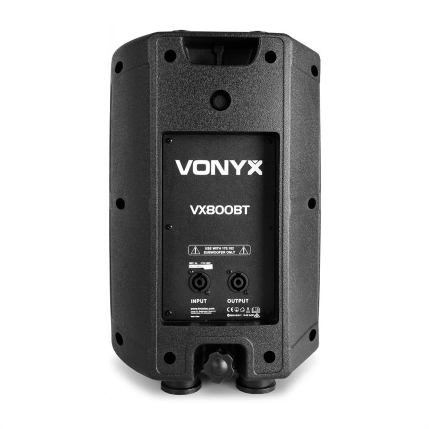 Schwarzes Vonyx VX800BT-Lautsprecher-Rückwand mit Eingangs-, Ausgangs- und Sicherheitsetiketten.
