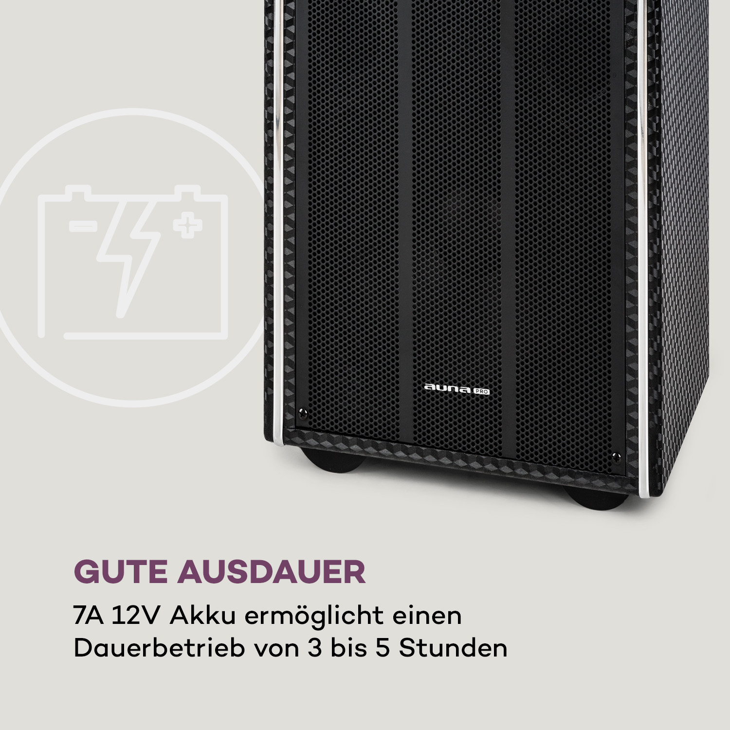 Ein schwarzer Lautsprecher. Der Text unter dem Lautsprecher lautet 'Gute Ausdauer'. Links ist ein Akku-Symbol.