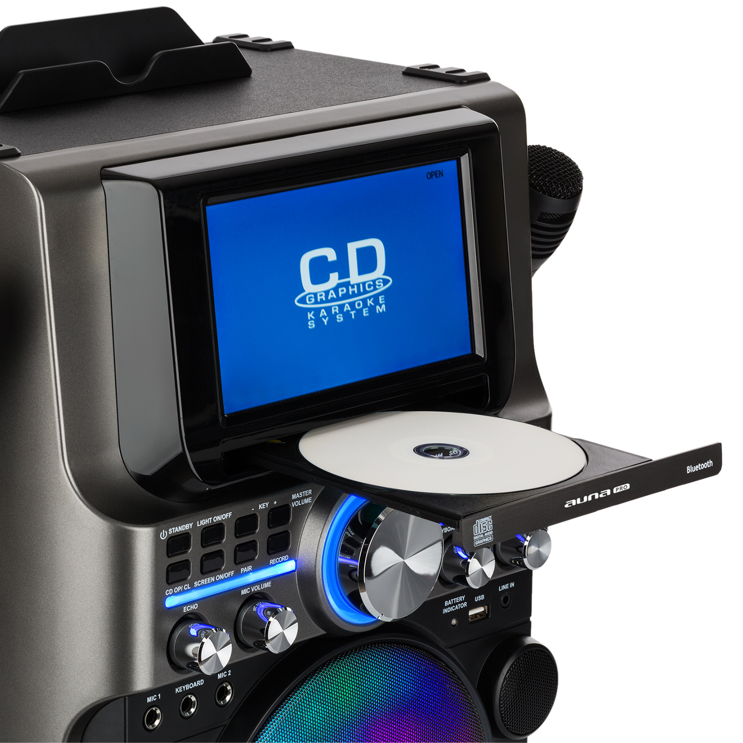 Eine Karaoke-Maschine mit Bildschirm, CD und Mikrofoneingang.