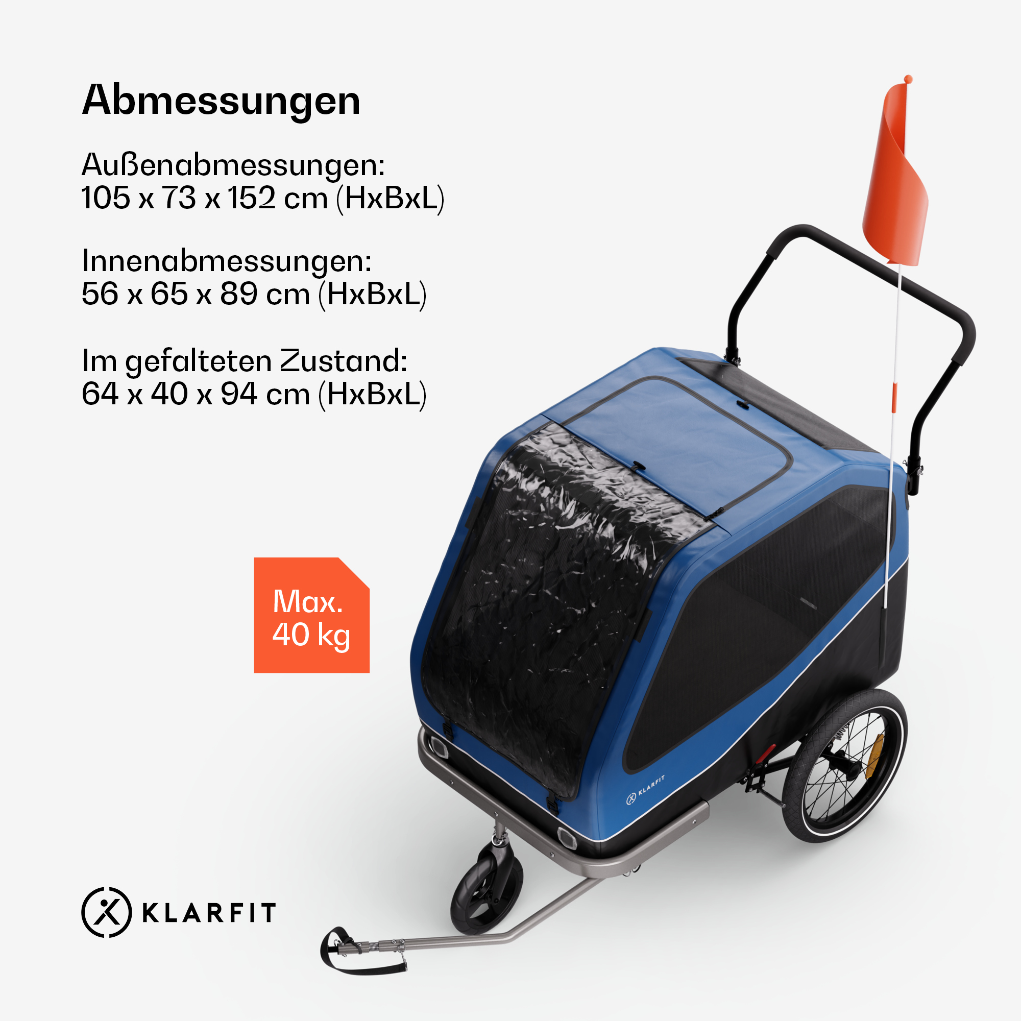 Blau-schwarzer Anhänger mit roter Fahne und Maßen auf weißem Hintergrund.
