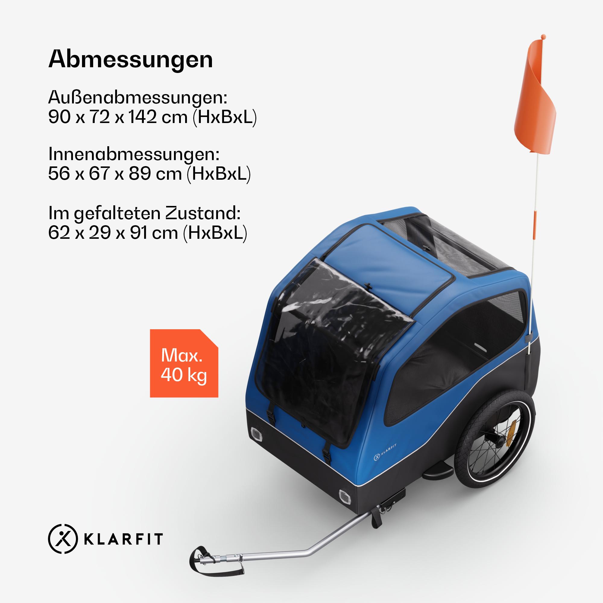 Blau-schwarzer Fahrradanhänger mit angebrachter Fahne, mit Maßangaben daneben.
