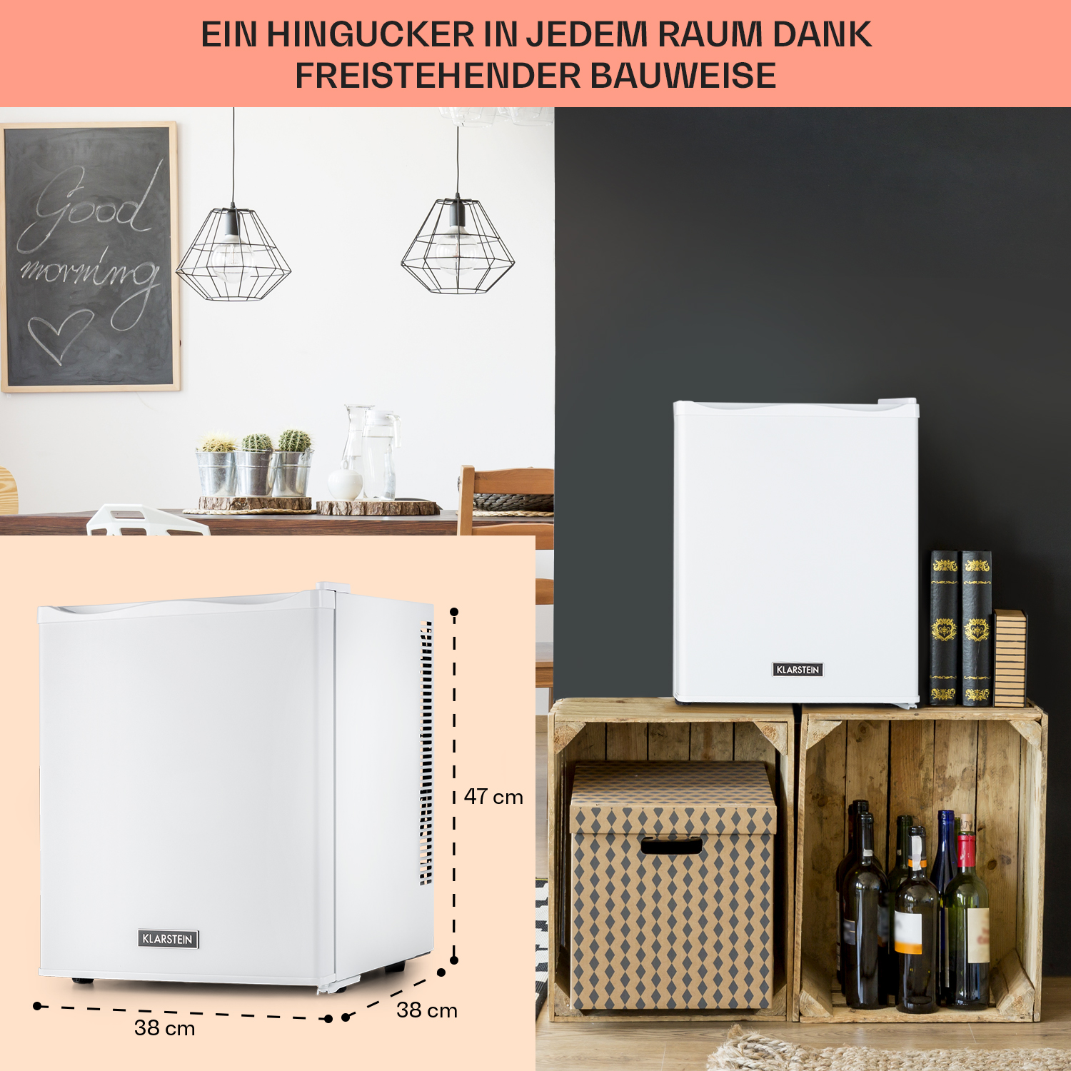 Zwei weiße Mini-Kühlschränke mit Maßen und eine Holzkiste mit Gegenständen.