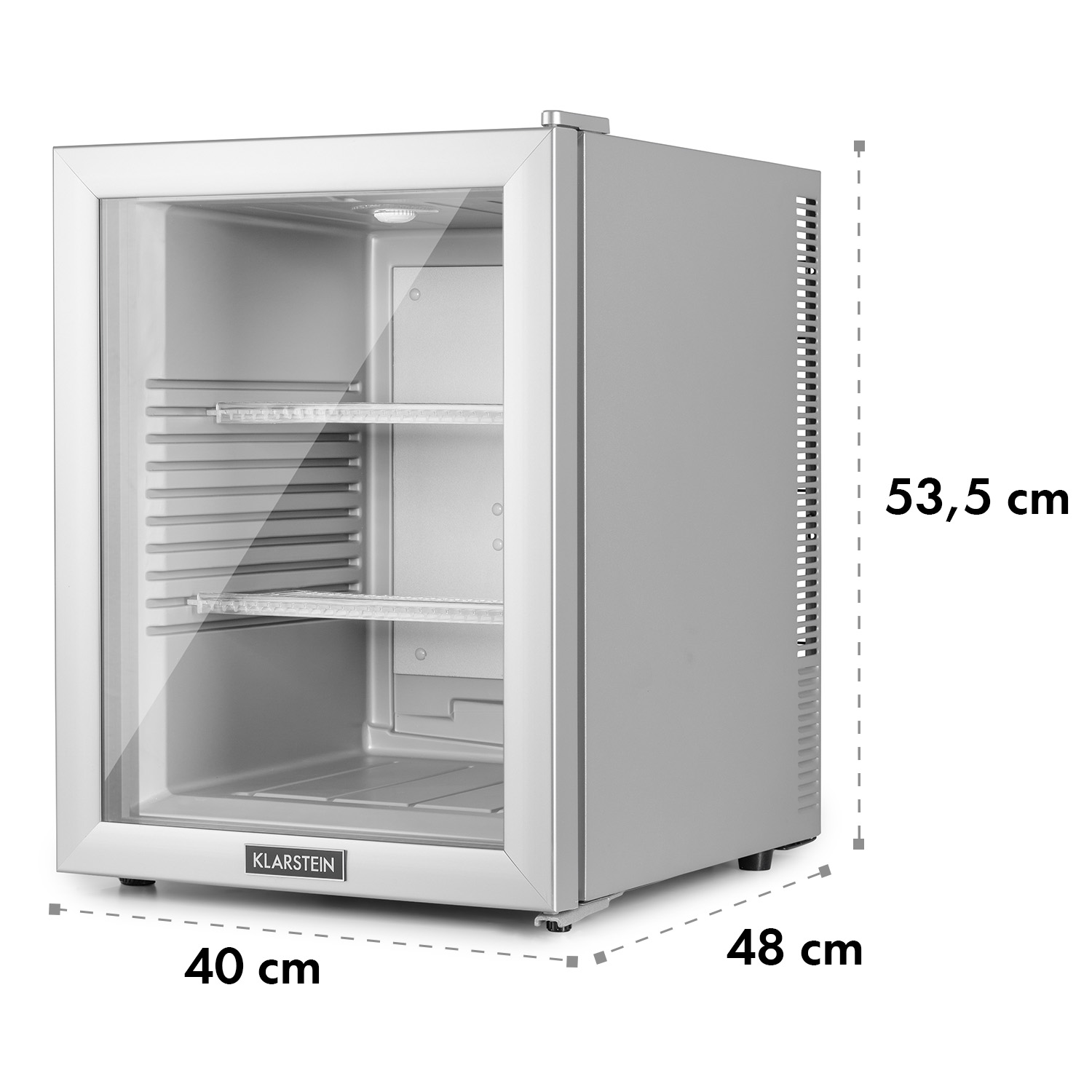 Kleiner silberner Kühlschrank mit in cm angegebenen Abmessungen. Er hat eine Glastür und zwei Regale.
