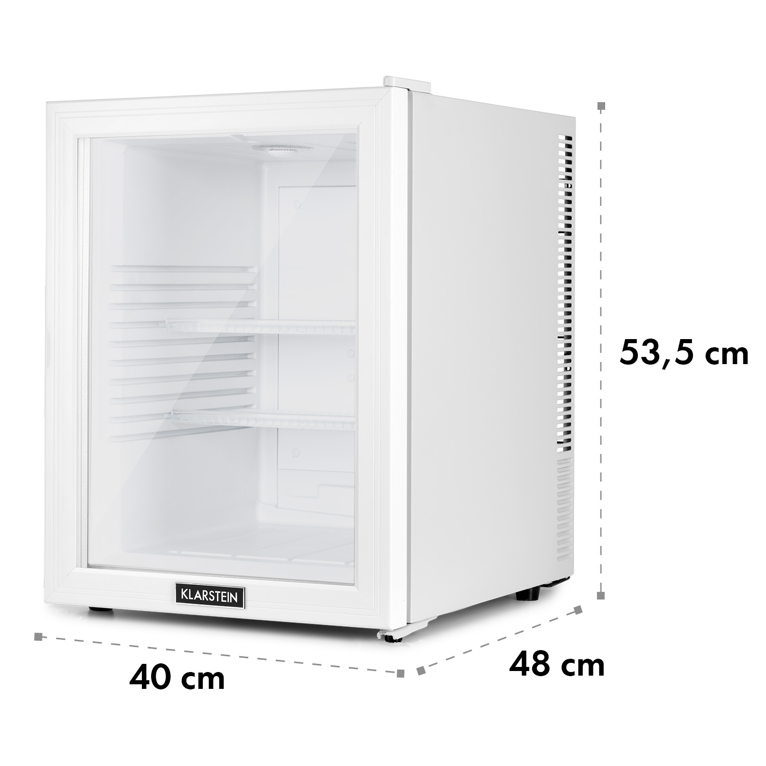 Min nevera blanca con puerta de cristal. Las dimensiones están marcadas, indicando altura, ancho y profundidad en cm.
